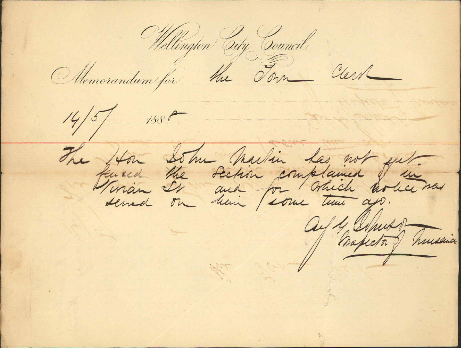 Hon J Martin's fencing, Vivian Street - Inspector of Nuisances