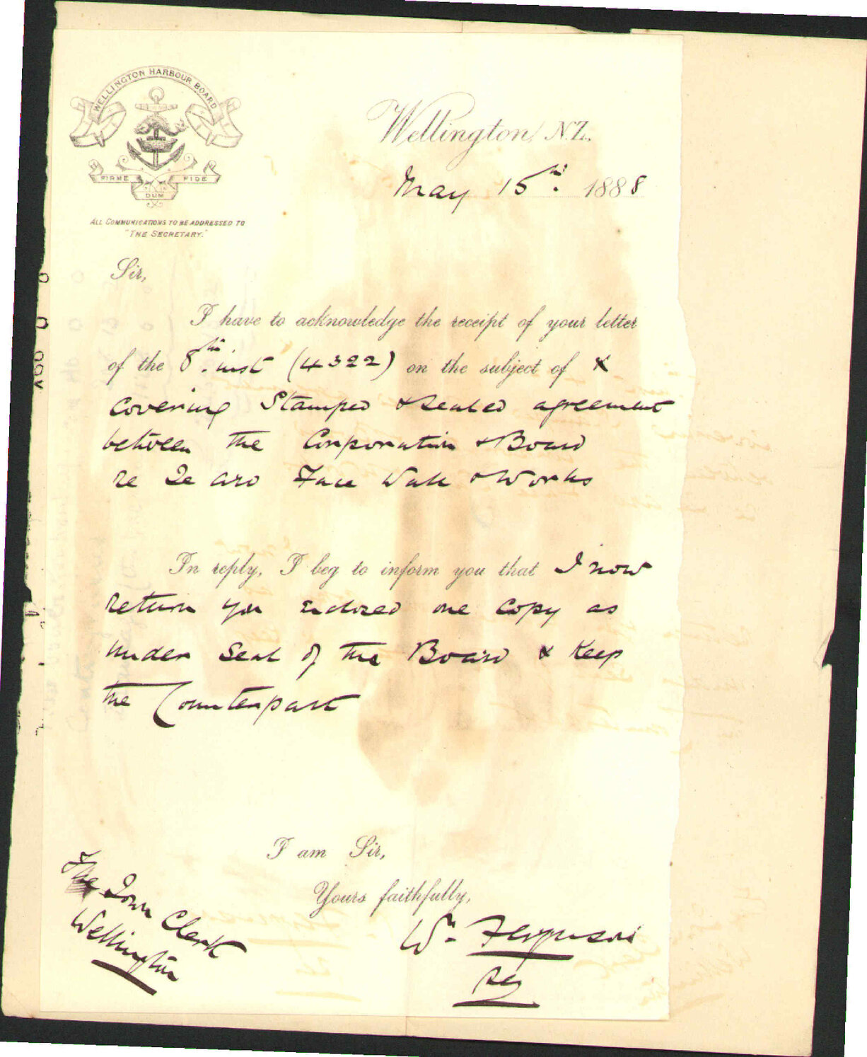 Returning copy of agreement regarding face wall - Harbour Board