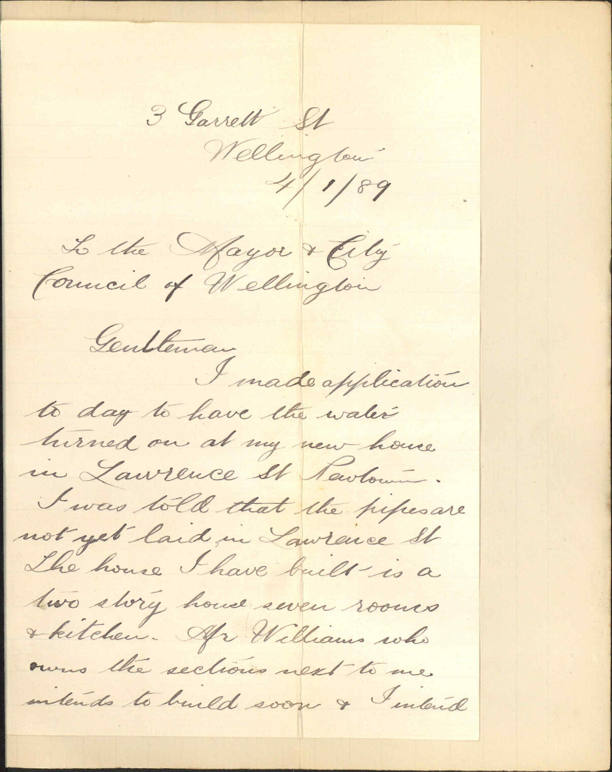Asking for water supply in Lawrence Street - John Barr