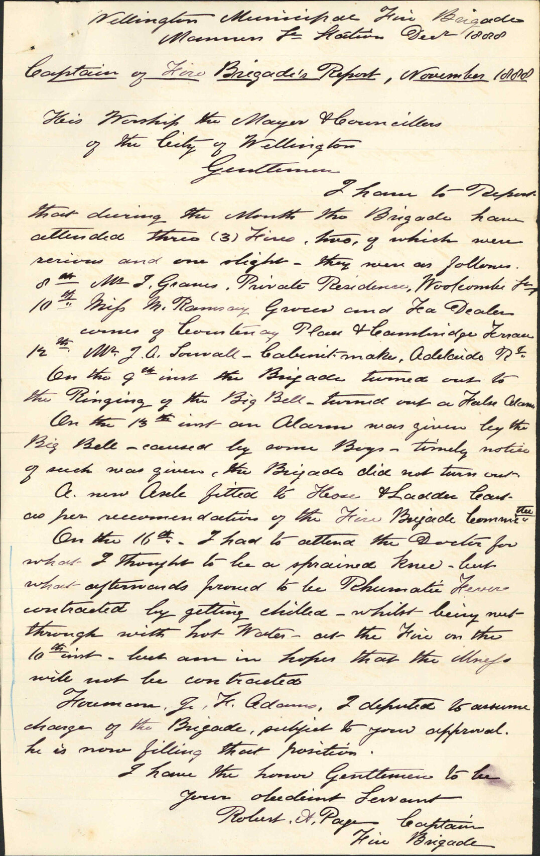 Report for November and December 1888 - Captain, Fire Brigade