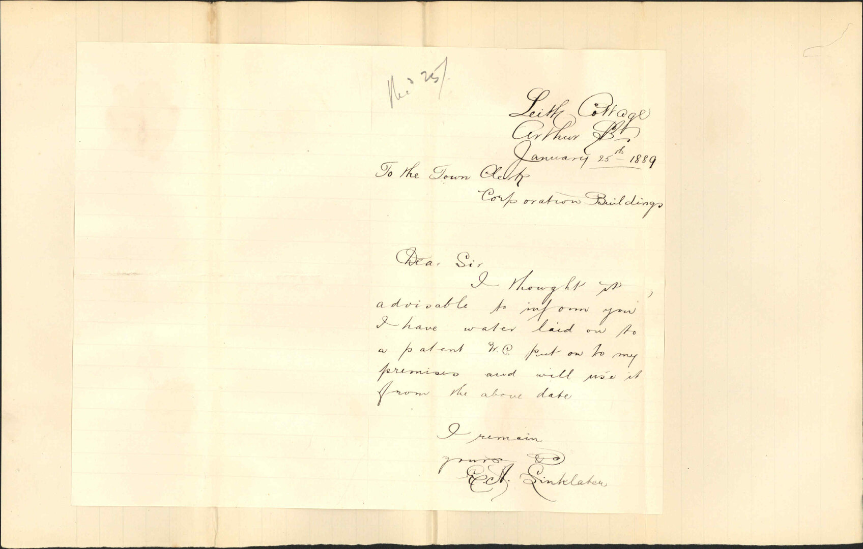 Notifying that has had water laid on to patent WC - E A Sinklater