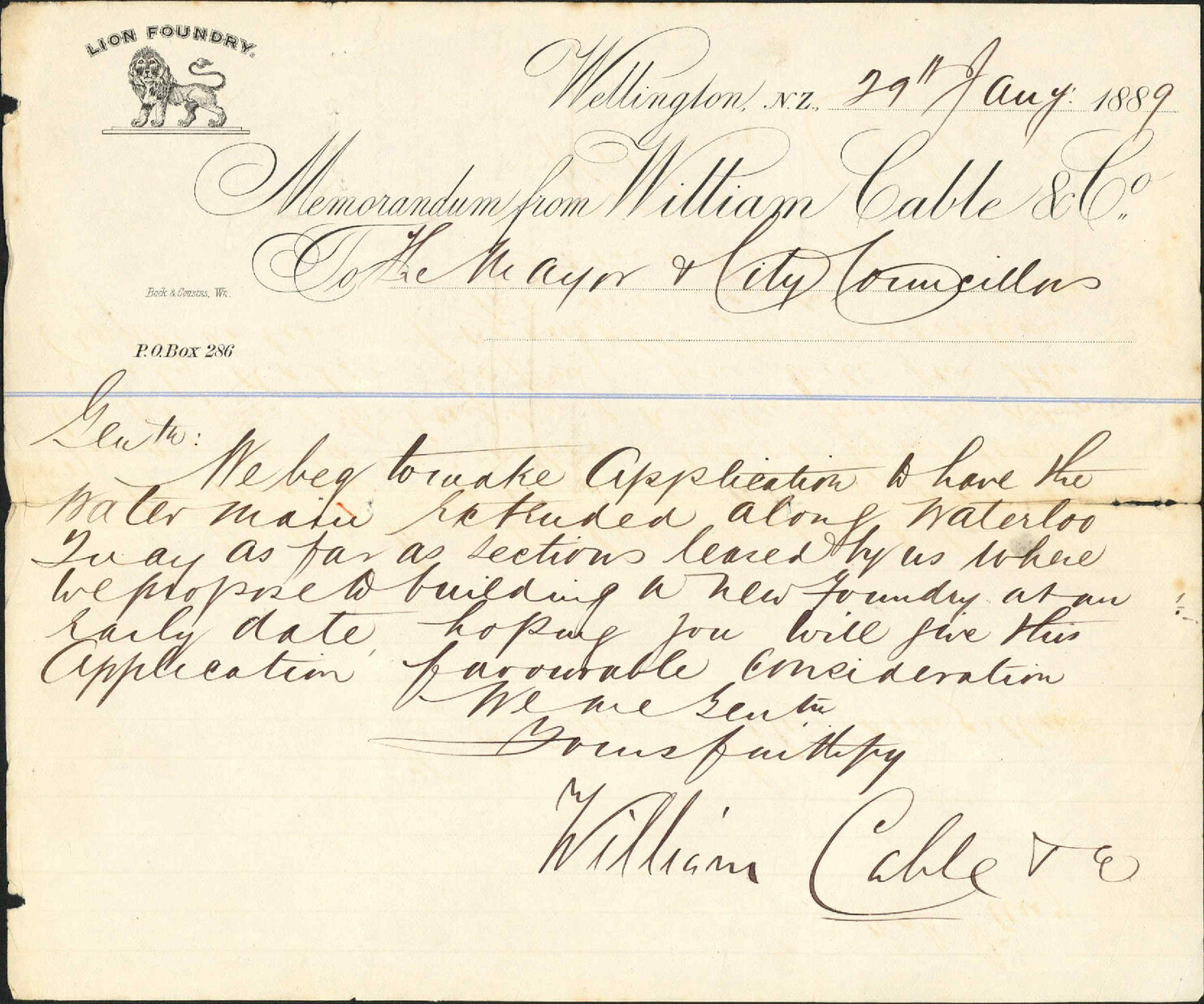 Asking for extension of water main at Waterloo Quay - William Cable &amp; Co