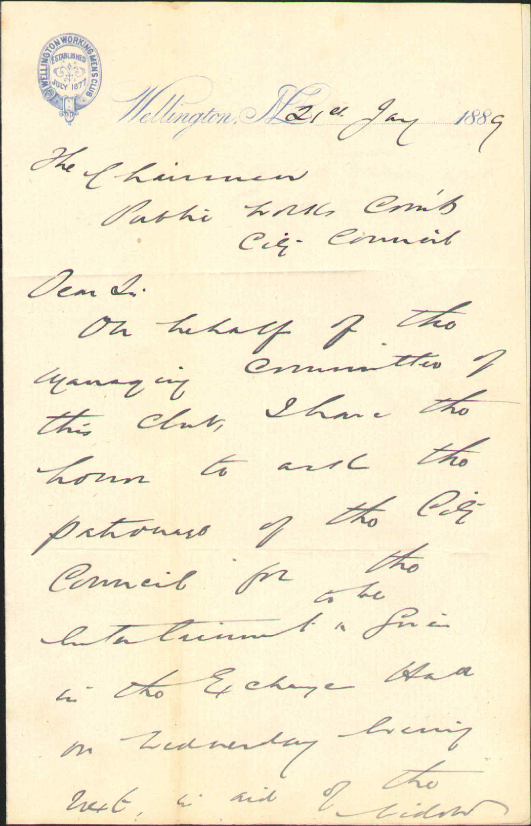 Asking patronage of Council to concert - Wellington Workings Club Men
