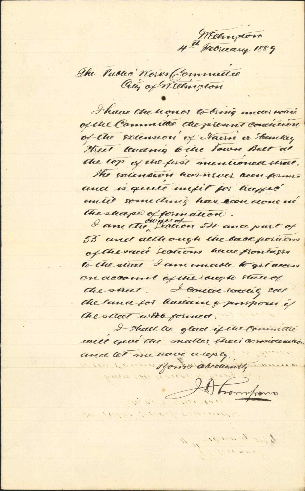 Asking for the formation of the top of Hankey Street - J Thompson