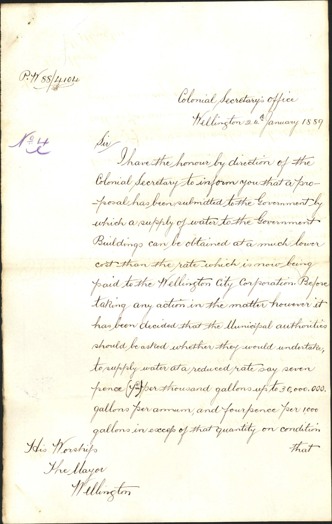 Proposal for contract for city water at reduced rates - Colonial Secretary's Office