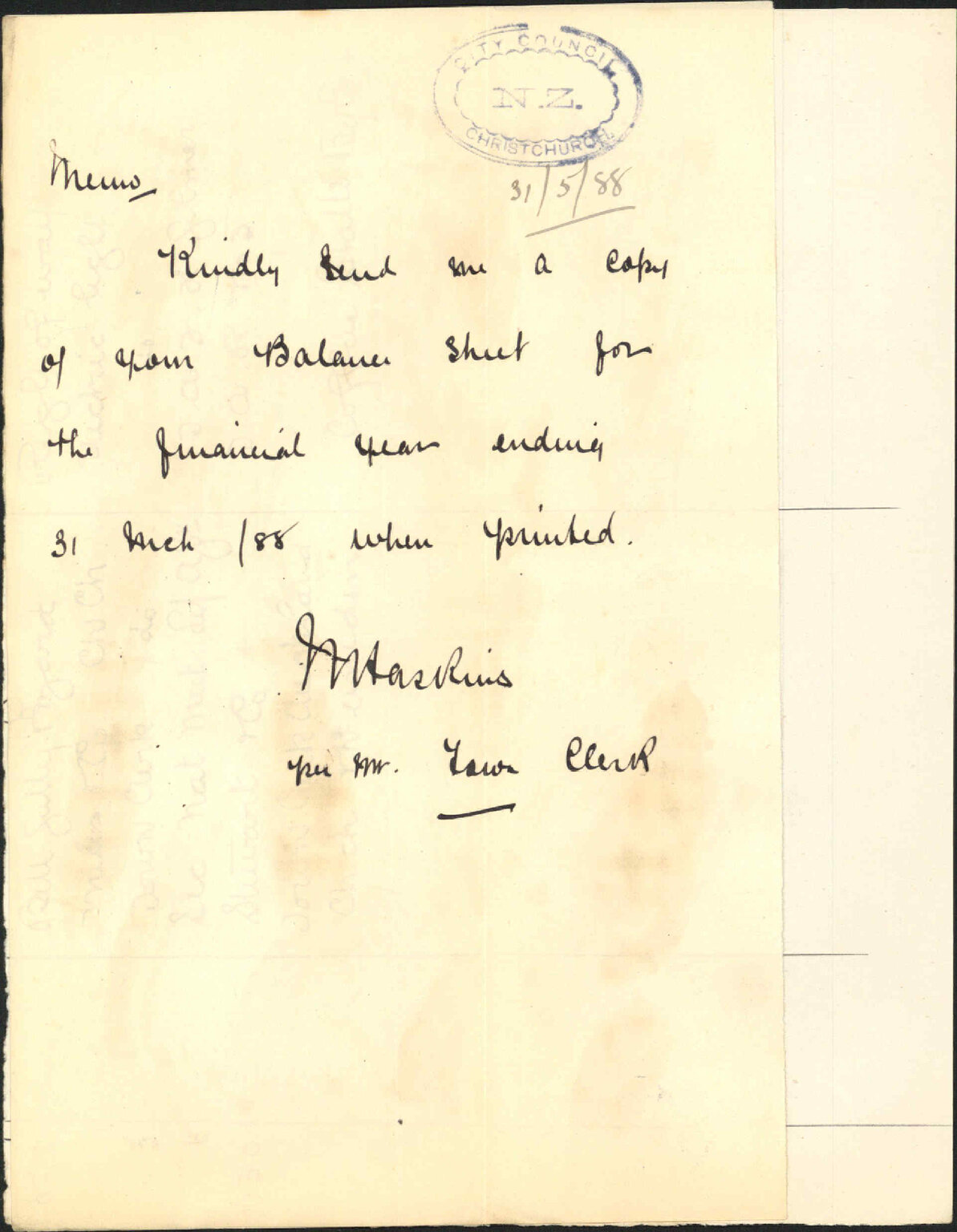 Asking for copy of balance sheet - Town Clerk, Christchurch