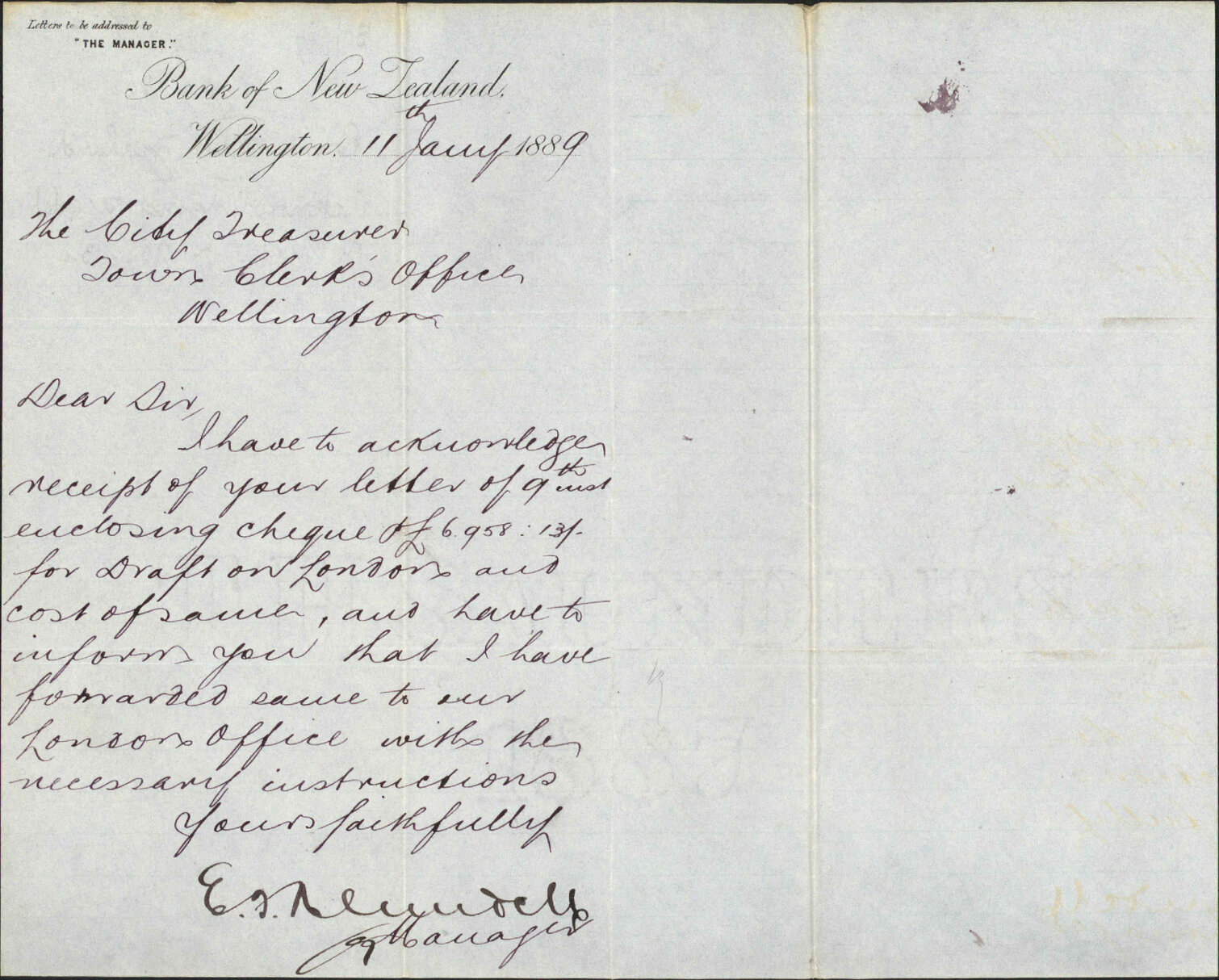 Acknowledging receipt of cheque &pound;6,958.13.0 - Bank of New Zealand