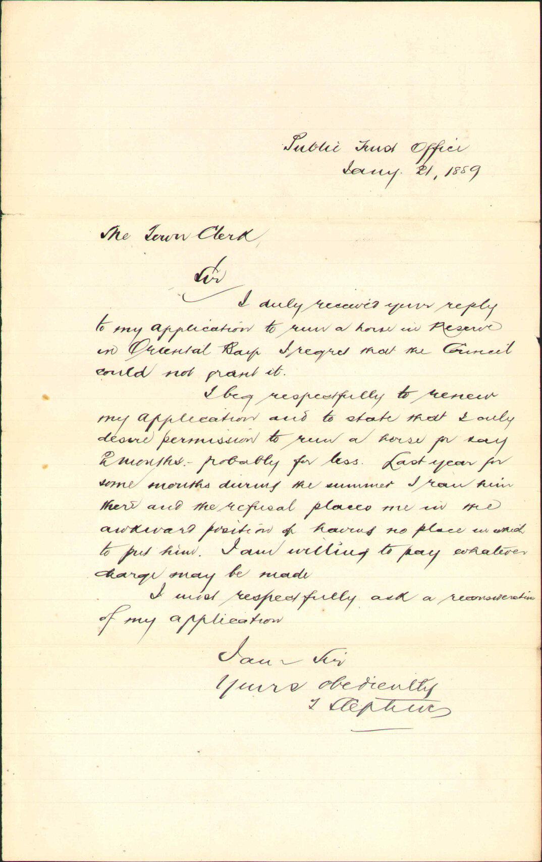 Asking permission to run a horse on the Town Belt - J Stephens