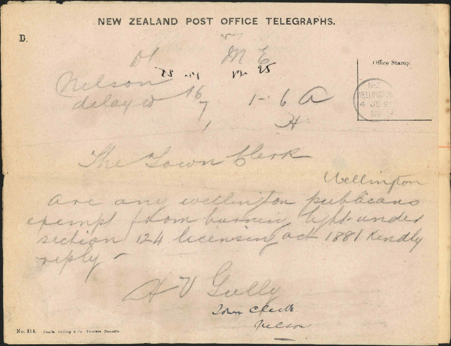 Enquiry regarding Publican's license - Town Clock, Nelson