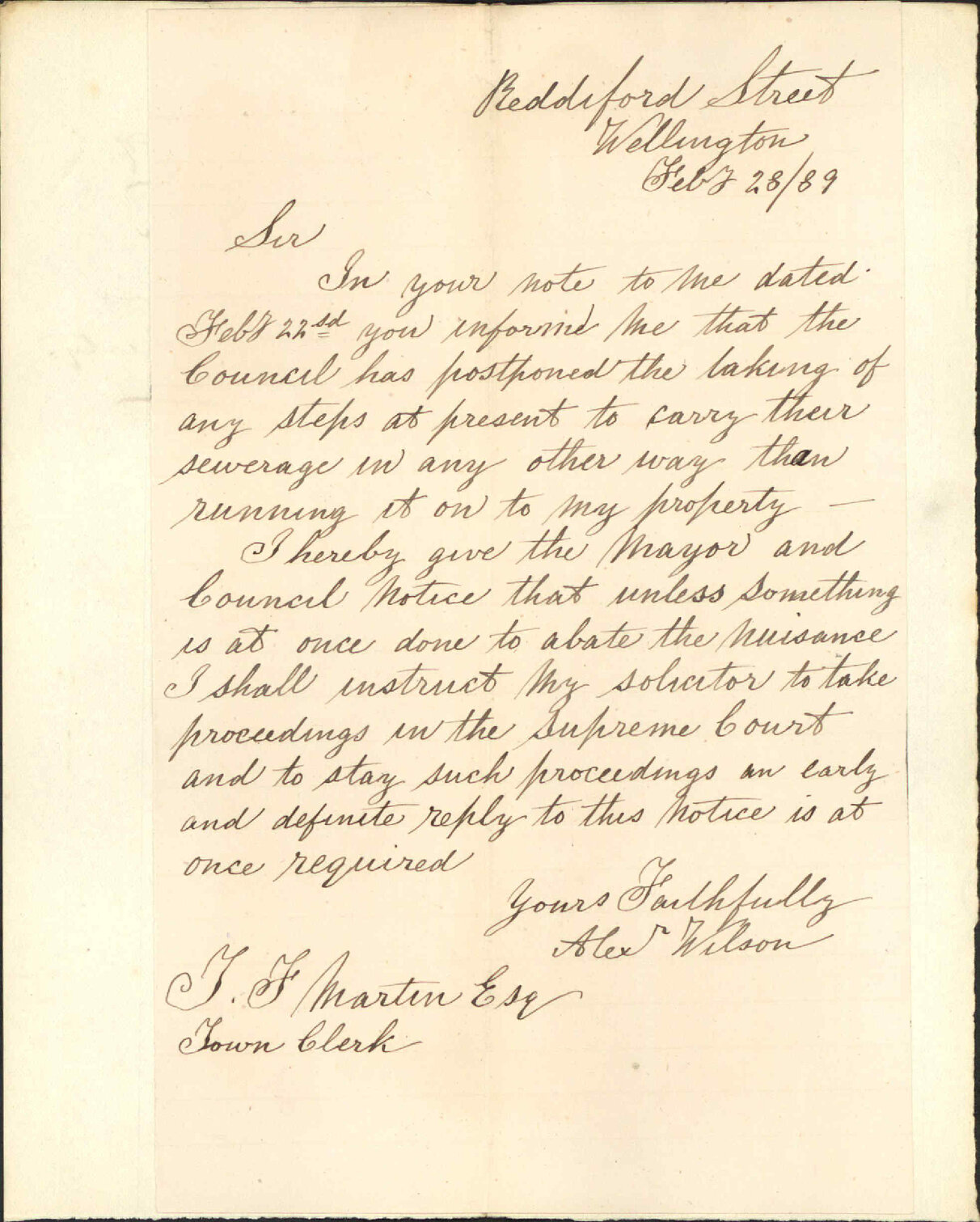 Notice regarding drain at his property - Alex Wilson