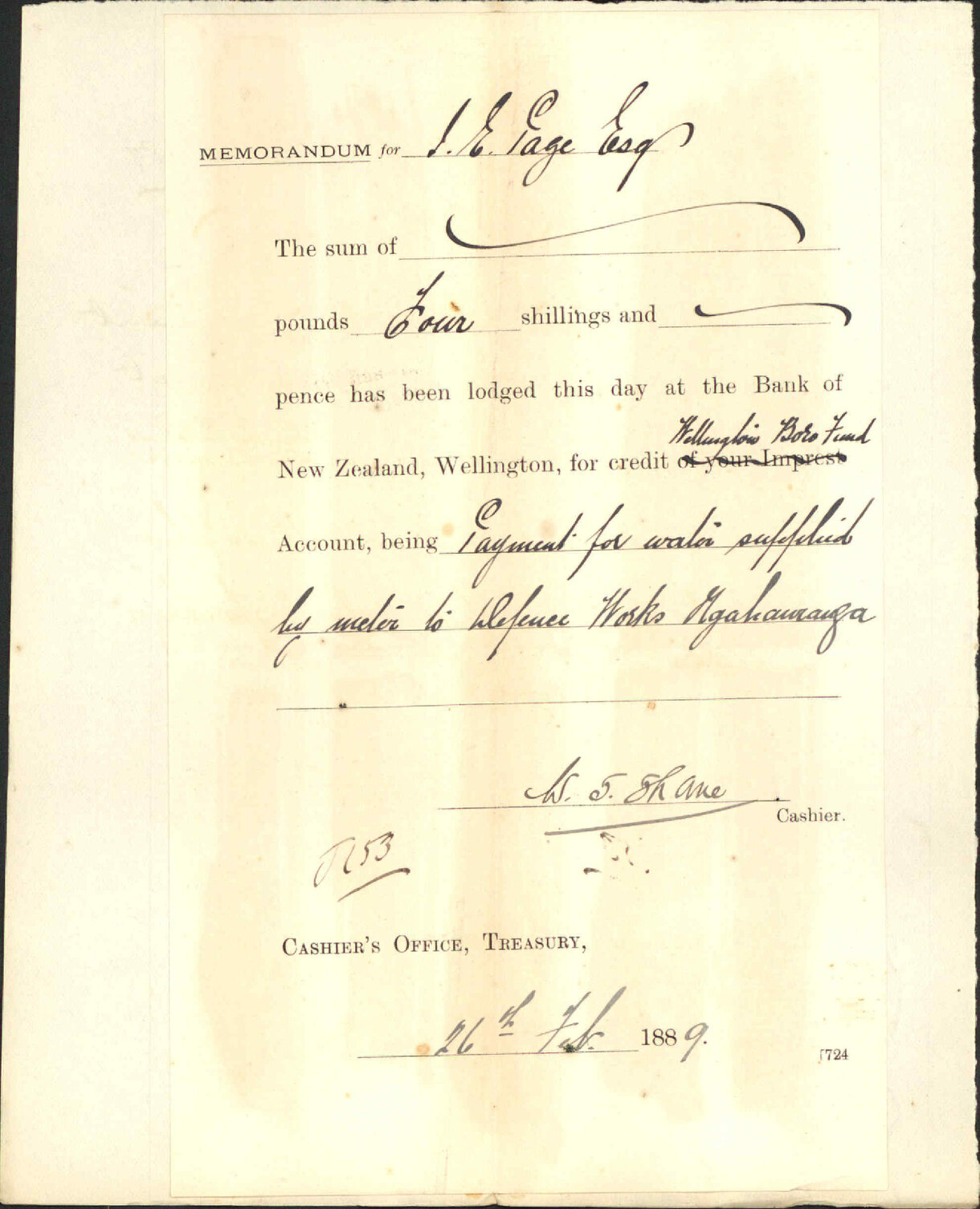 Advising payment of water account - Treasury