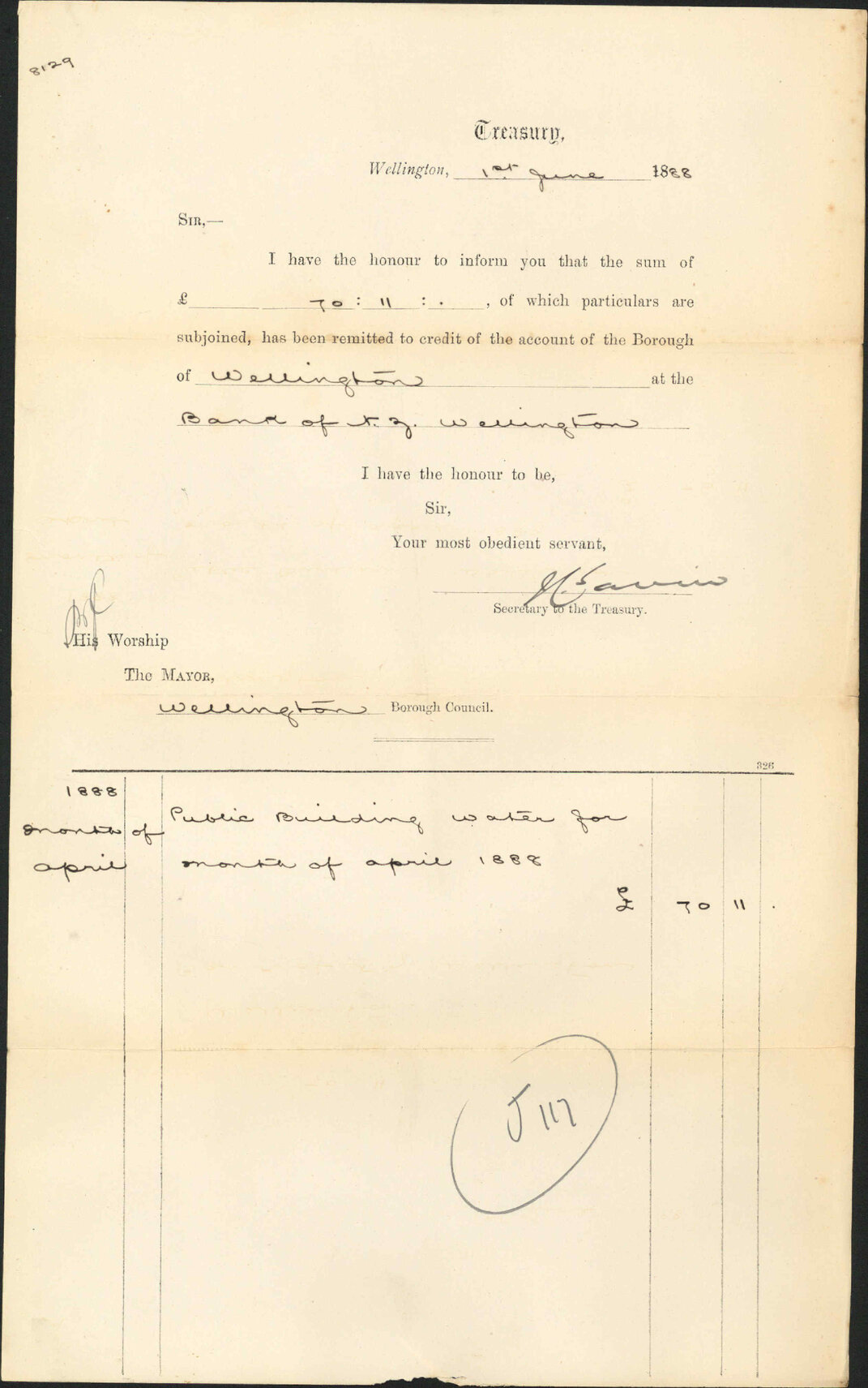 Advising payment of water accounts - Treasury