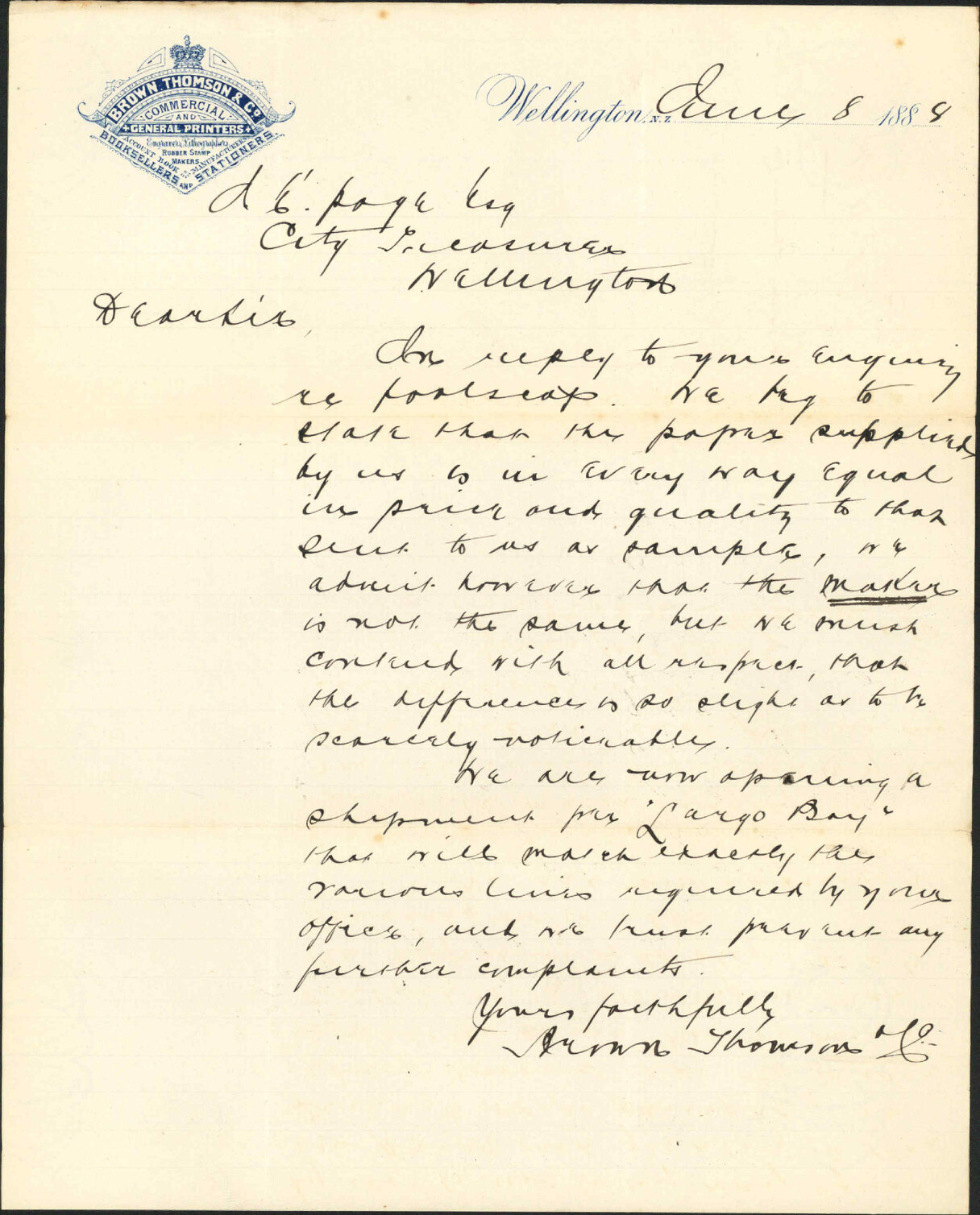 Reply regarding foolscap paper - Brown Thomson and Co