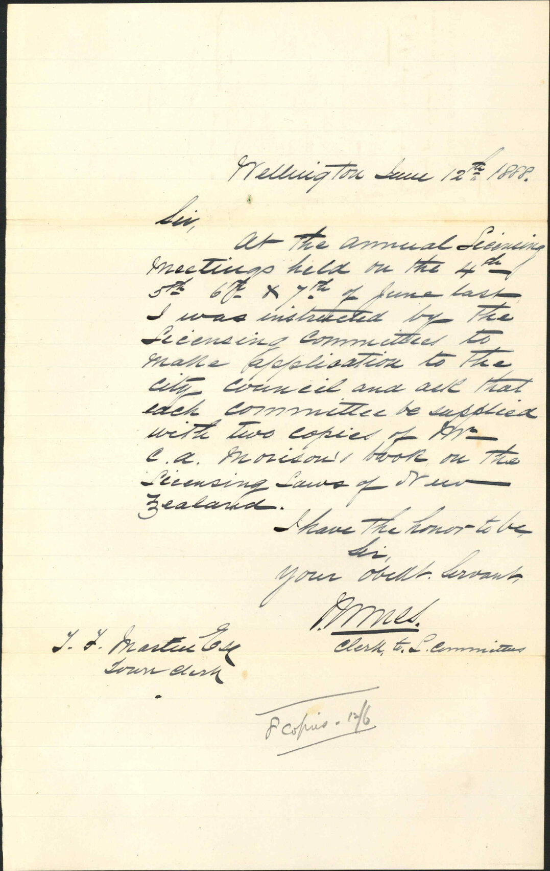 Asking for copies of Monson's Licensing Laws of NZ - Clerk, Licensing Committee