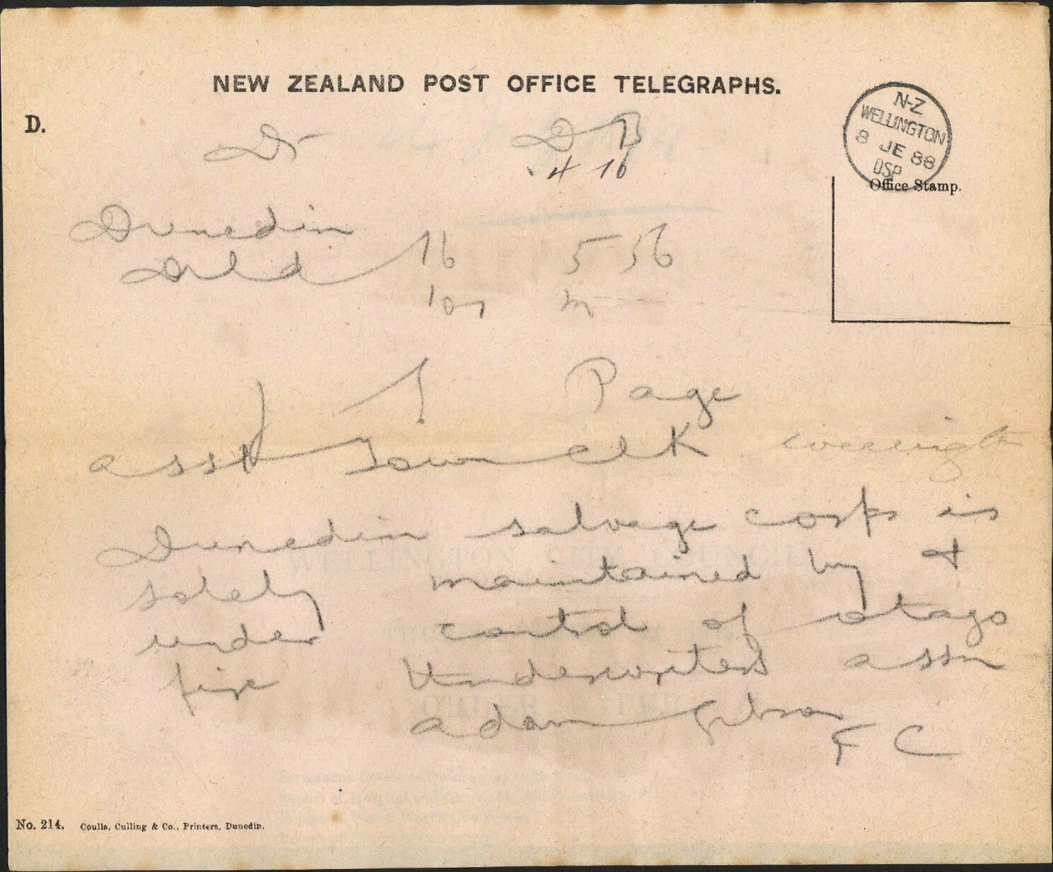 Reply regarding salvage corps - Town Clerk, Dunedin