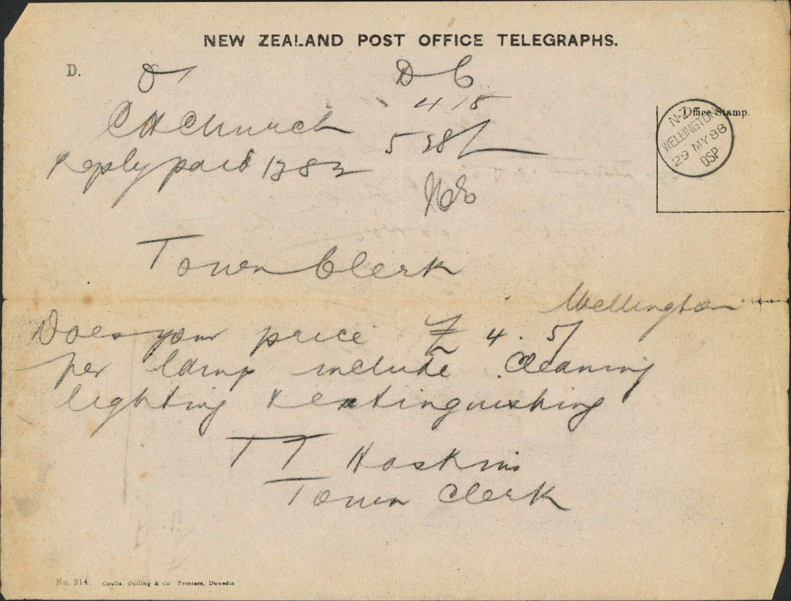 Enquiry regarding lighting of city - Town Clerk, Christchurch