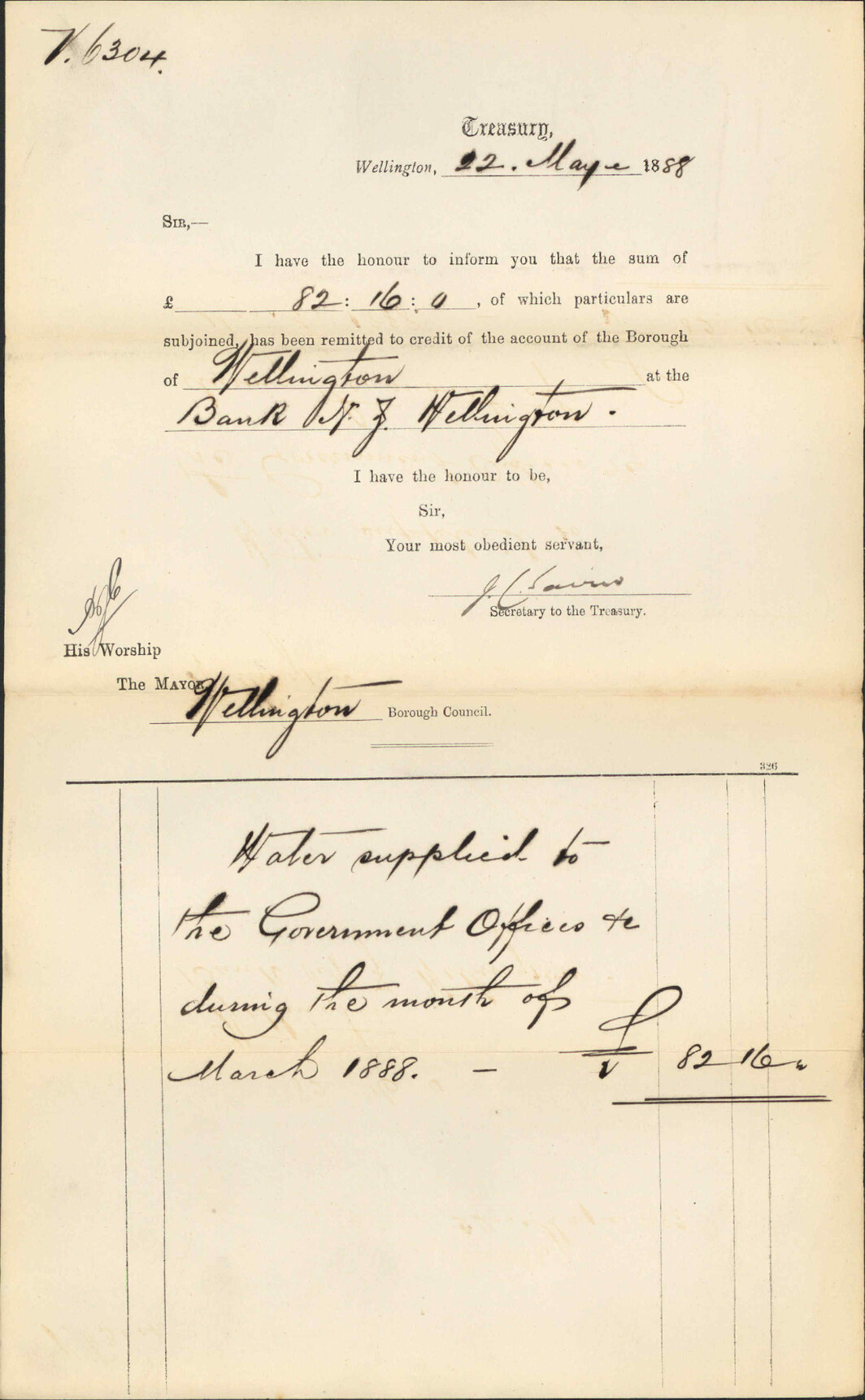 Advising payment of water account - Treasury