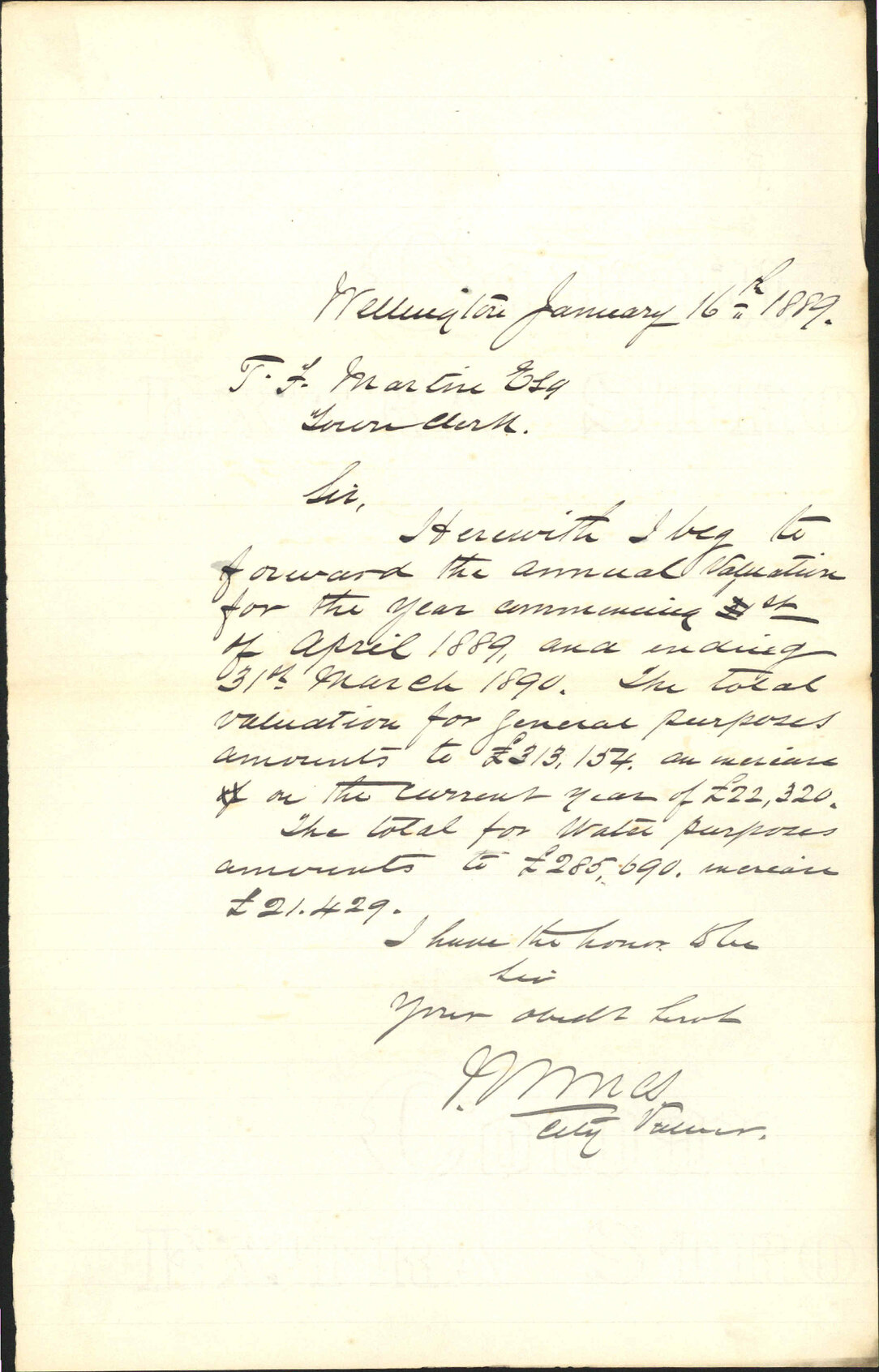 Forwarding Annual Valuation for year commencing 1/4/1889 - City Valuer