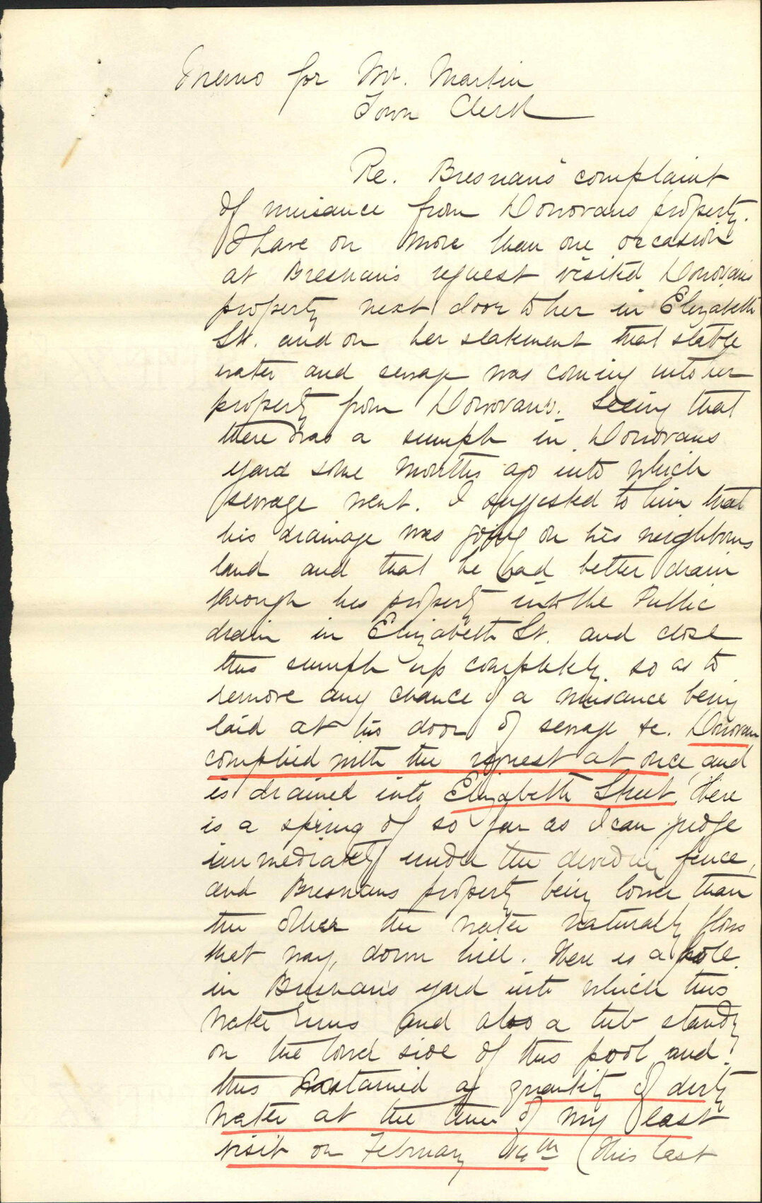 Bresnan and Donovans premises, Elizabeth Street - Inspector of Nuisances