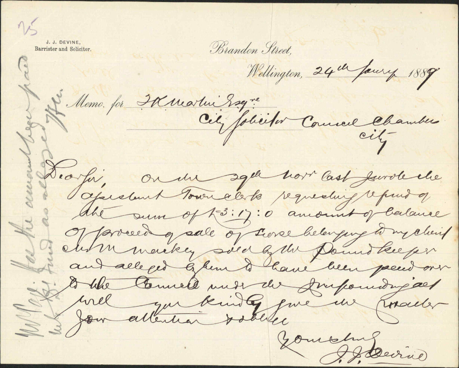 Asking for balance on sale of Mackey's horse - J J Devine