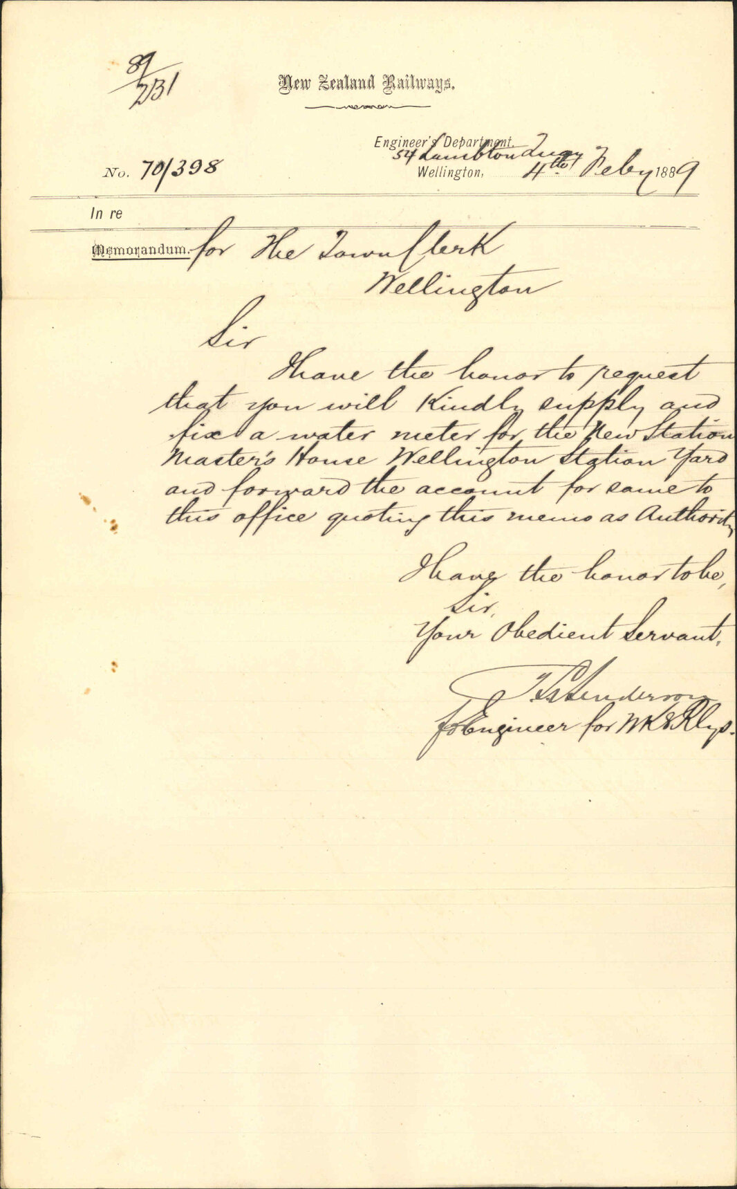 Asking for meter to be fixed at station masters house - NZ Railways