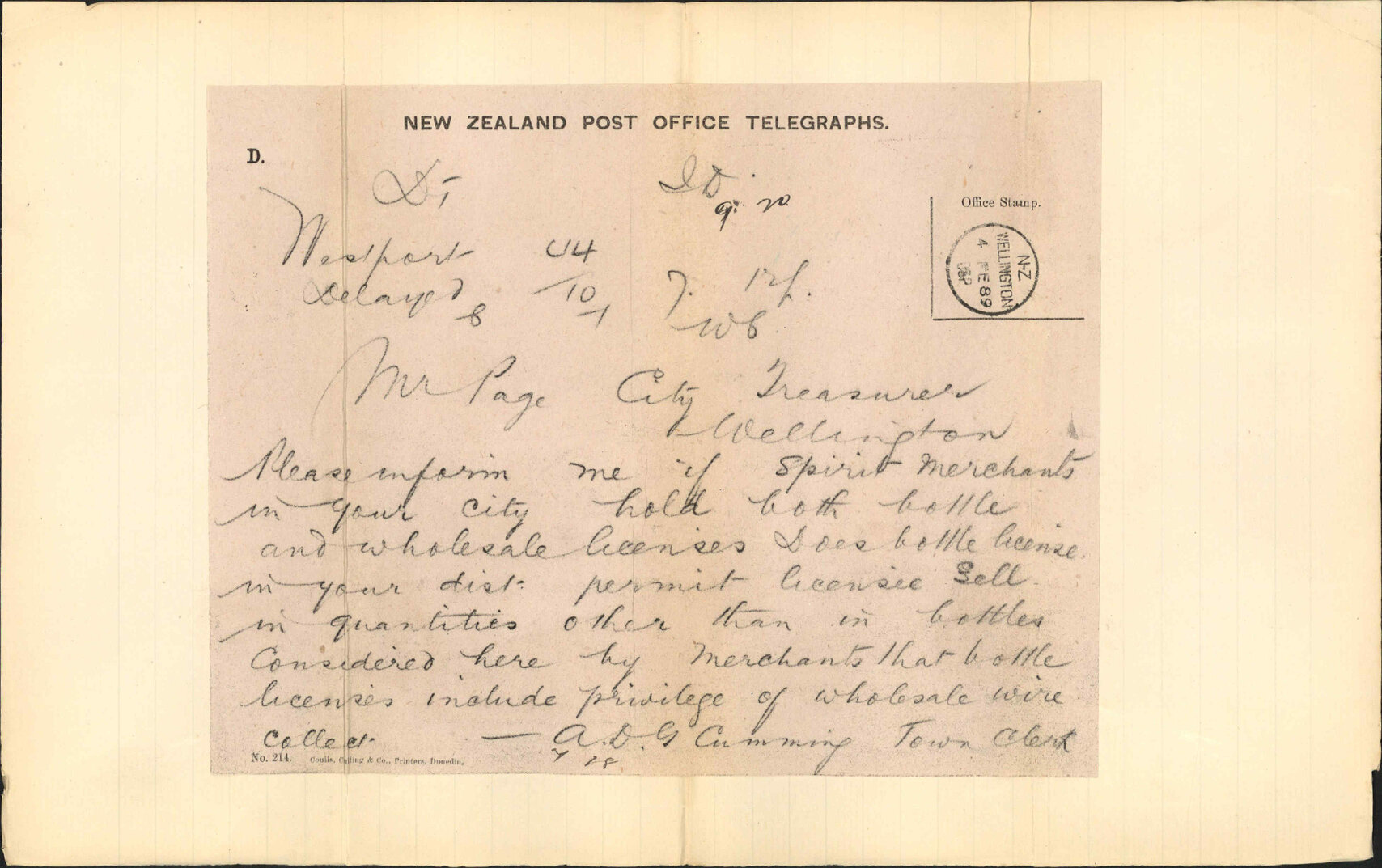 Enquiry regarding wholesale license - Town Clerk, Westport