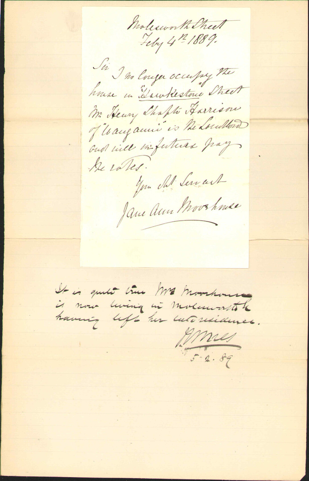 Given up house in Hawkestone Street - Mrs Moorehouse