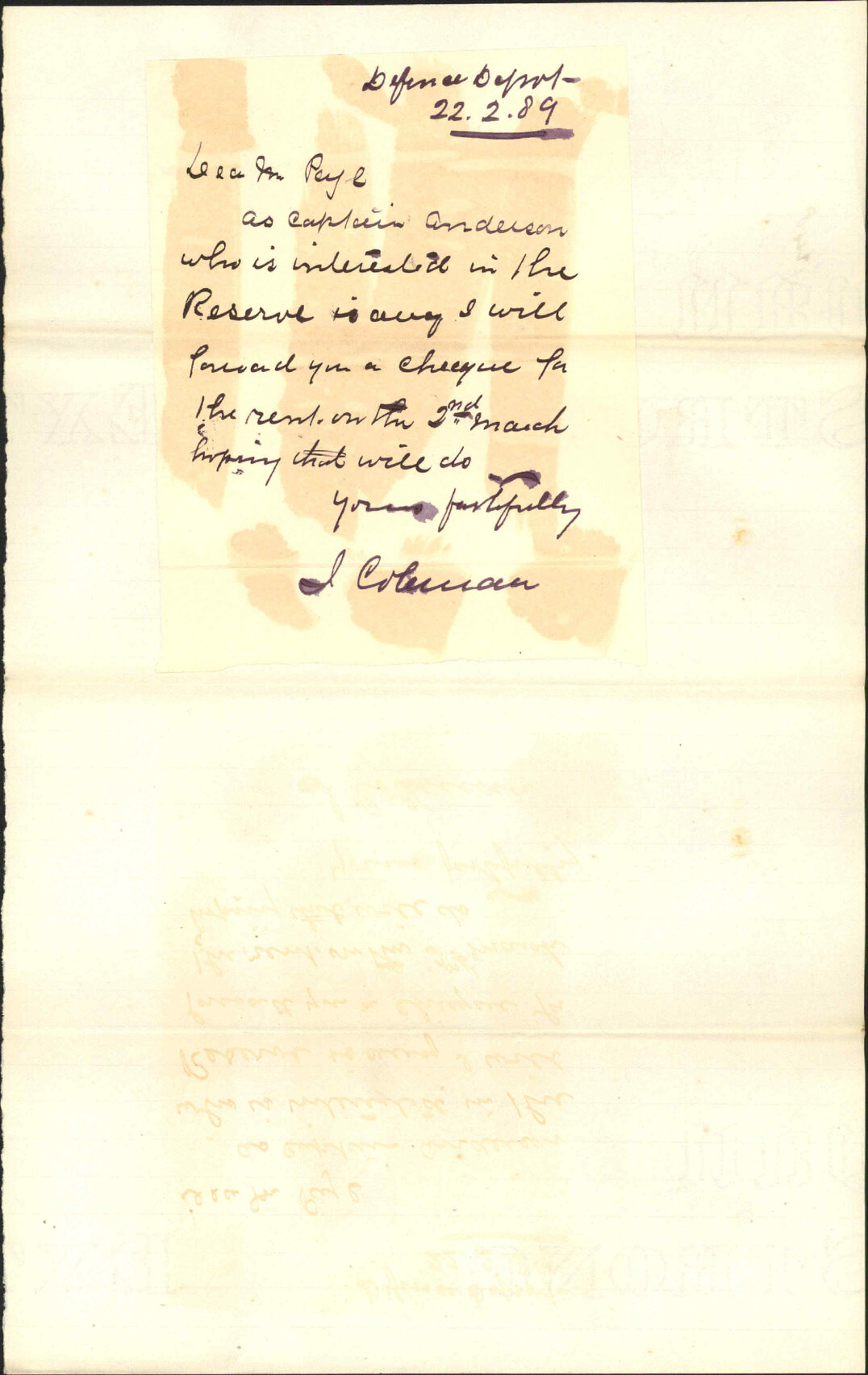 Rent of Town Belt - Captain Coleman