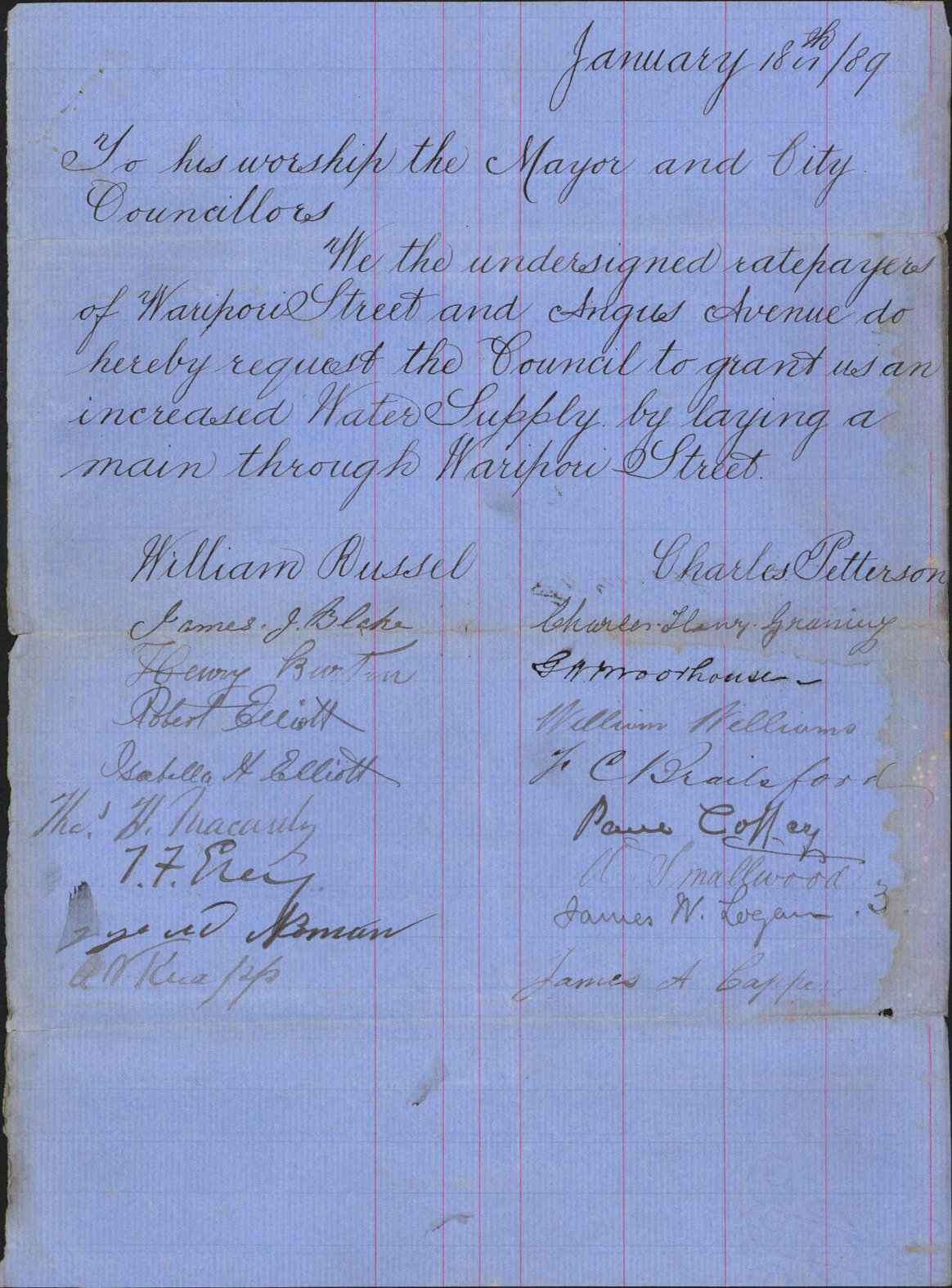 Calling for water supply in Waripori Street [Te Wharepōuri Street] - William Russell and others