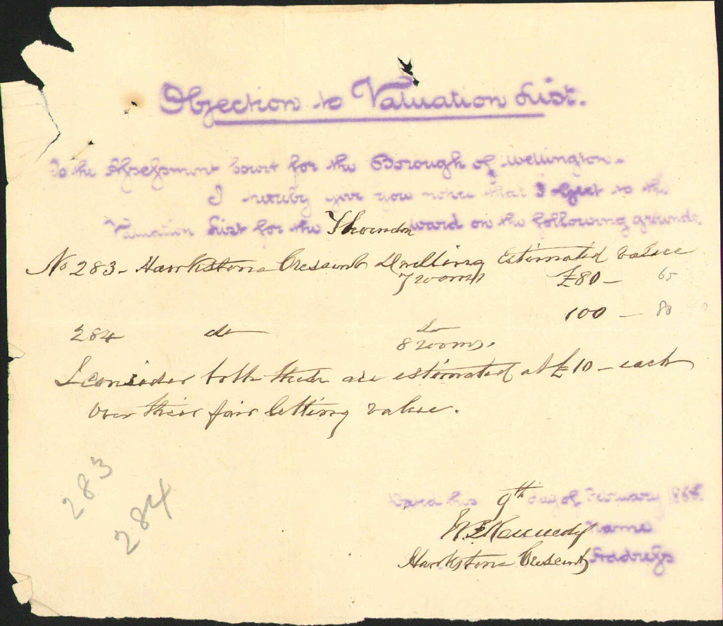 Application regarding valuation of his property last year - W F Kennedy