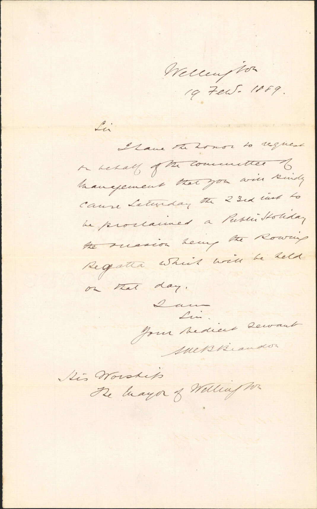 Asking mayor to proclaim a holiday on Saturday 23rd - Regatta Committee