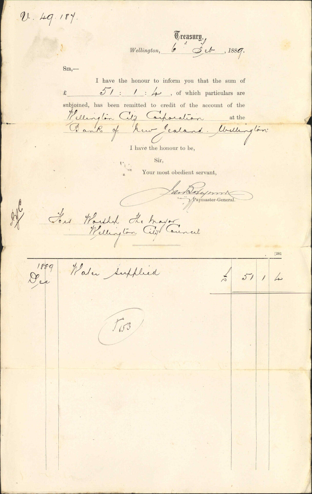 Advising payment of water account - Treasury