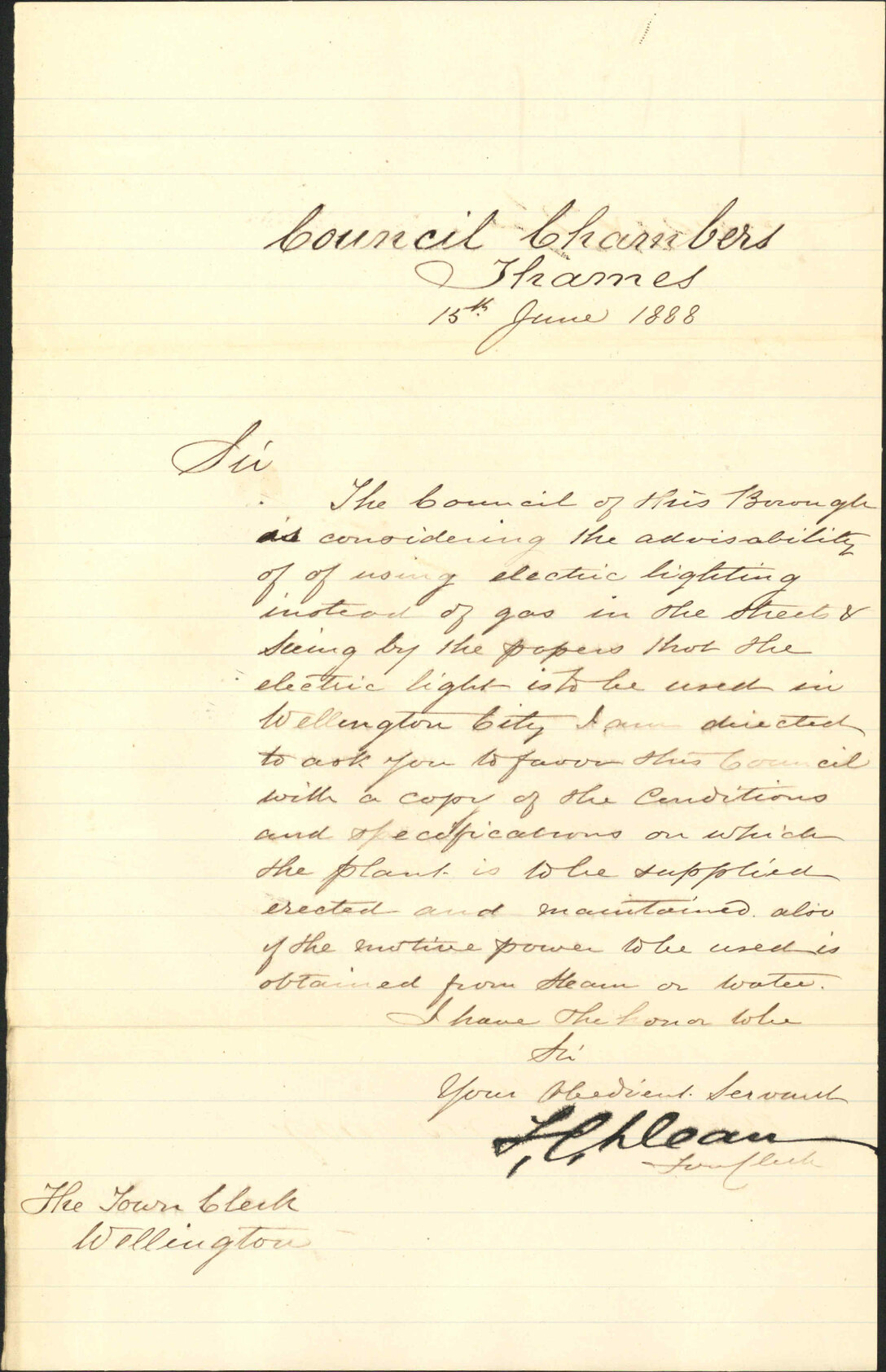 Enquiry regarding electric lighting - Town Clerk, Thames
