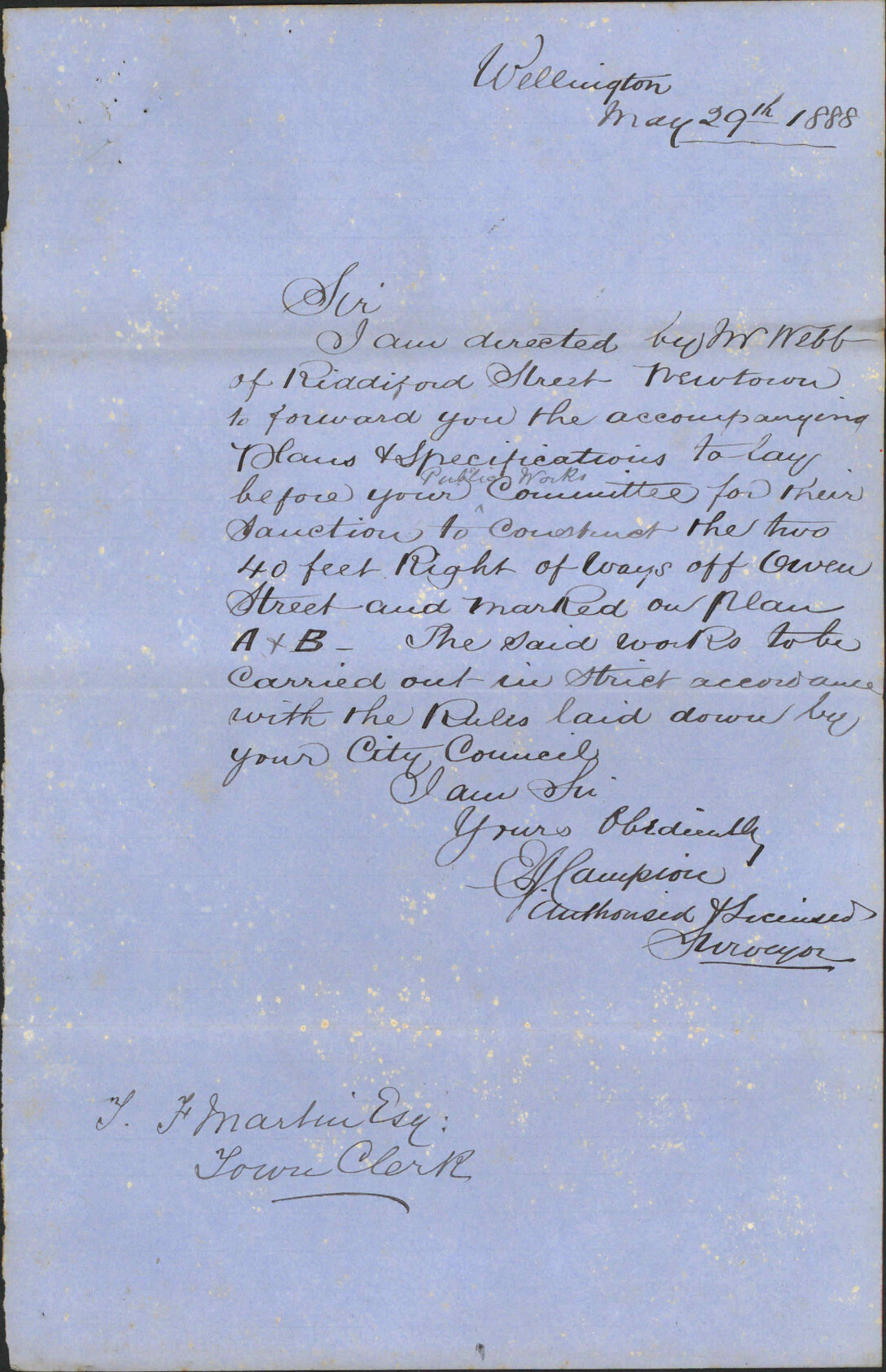Asking permission to form rights of way off Owen Street - E J Campion