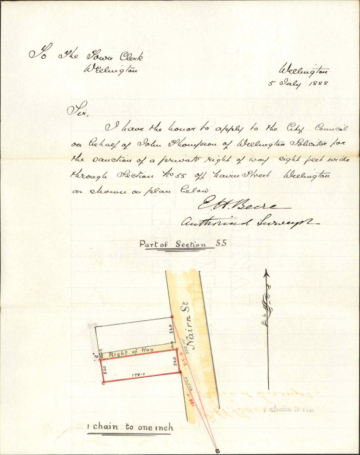 Asking consent to right of way off Nairn Street - E H Beere