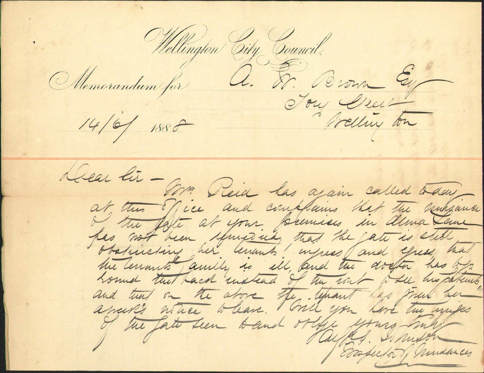 Obstruction in Alma Lane - Mrs A Reid
