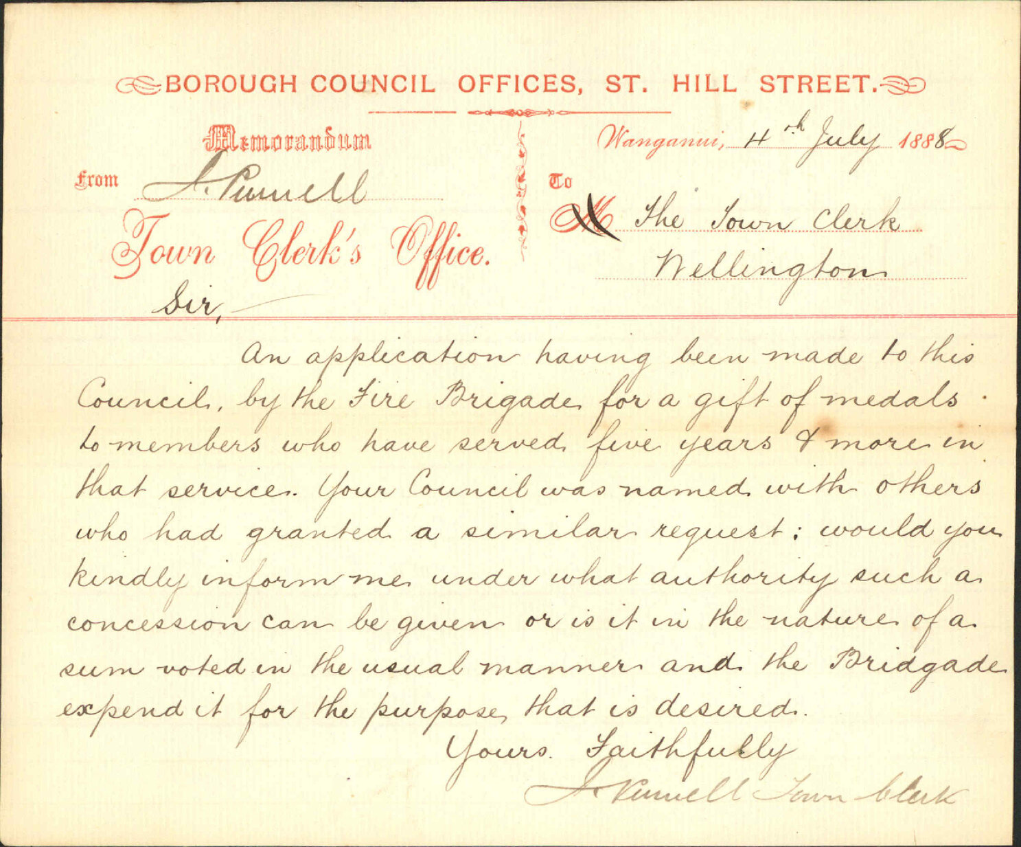 Medal for fire brigade - Town Clerk, Wanganui