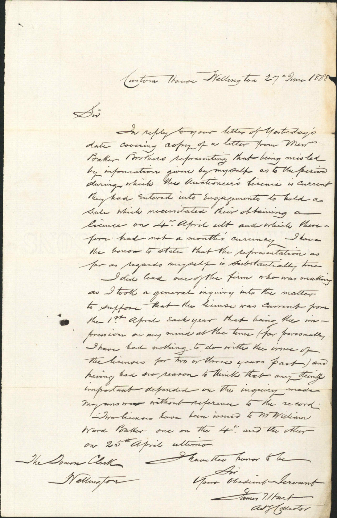 Baker Brothers auctioneer's licence - Acting Collector of Customs