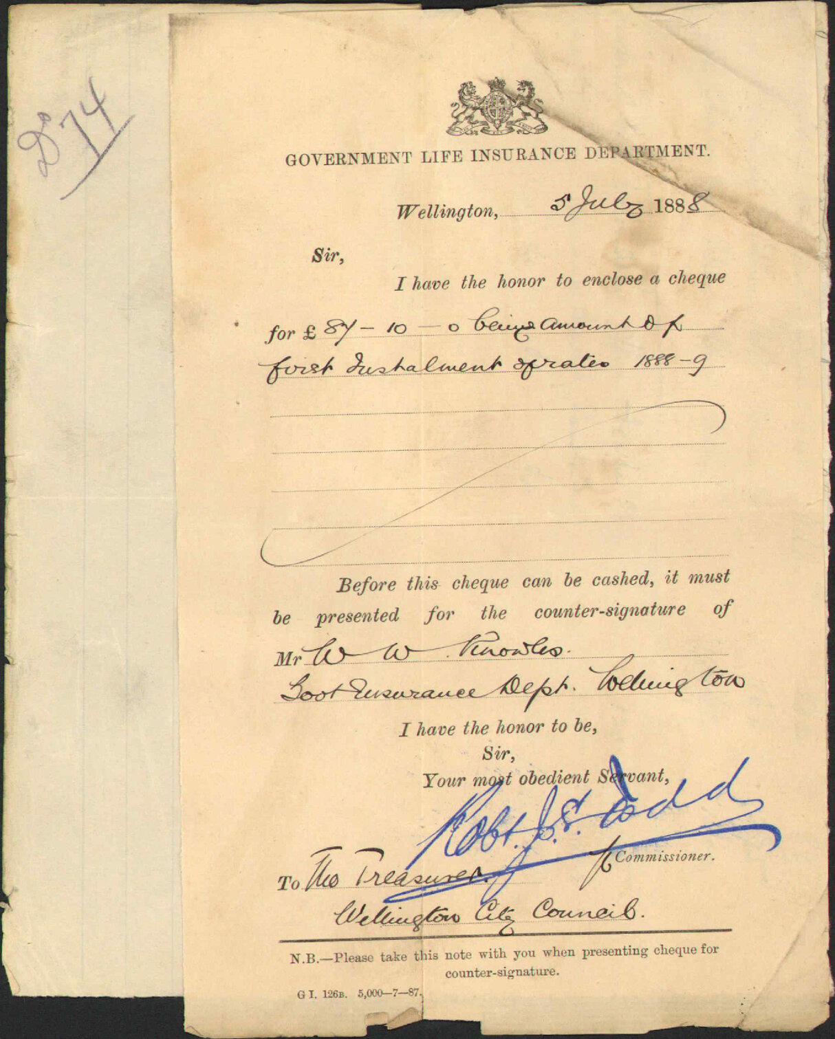 With cheque for rates - Government Insurance Department