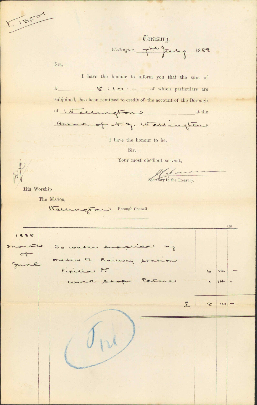 Advising payment of water account - Treasury
