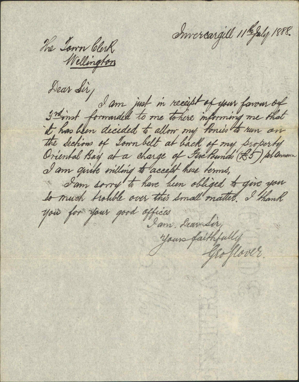 Hire of Town Belt - George Glover, Invercargill