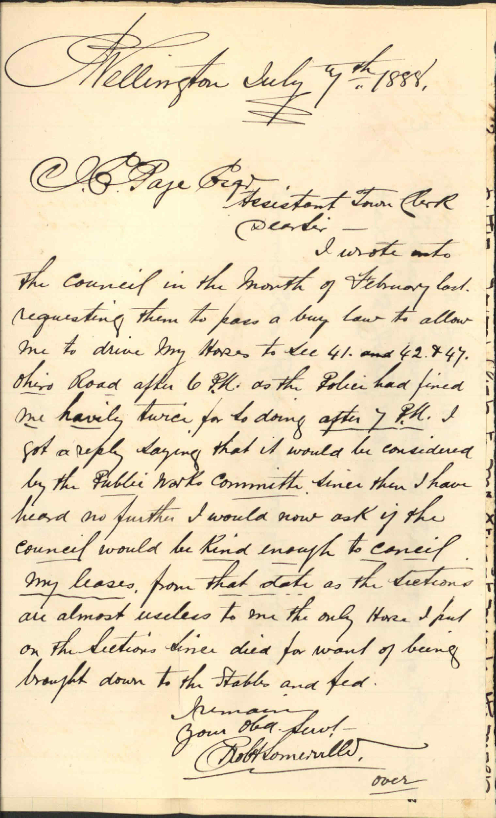Further regarding driving his horses to the Town Belt - R Somerville