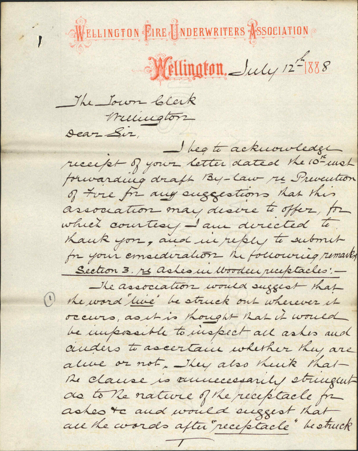 Suggesting appointment of sub-inspector of nuisances - Wellington Fire Underwriters Association