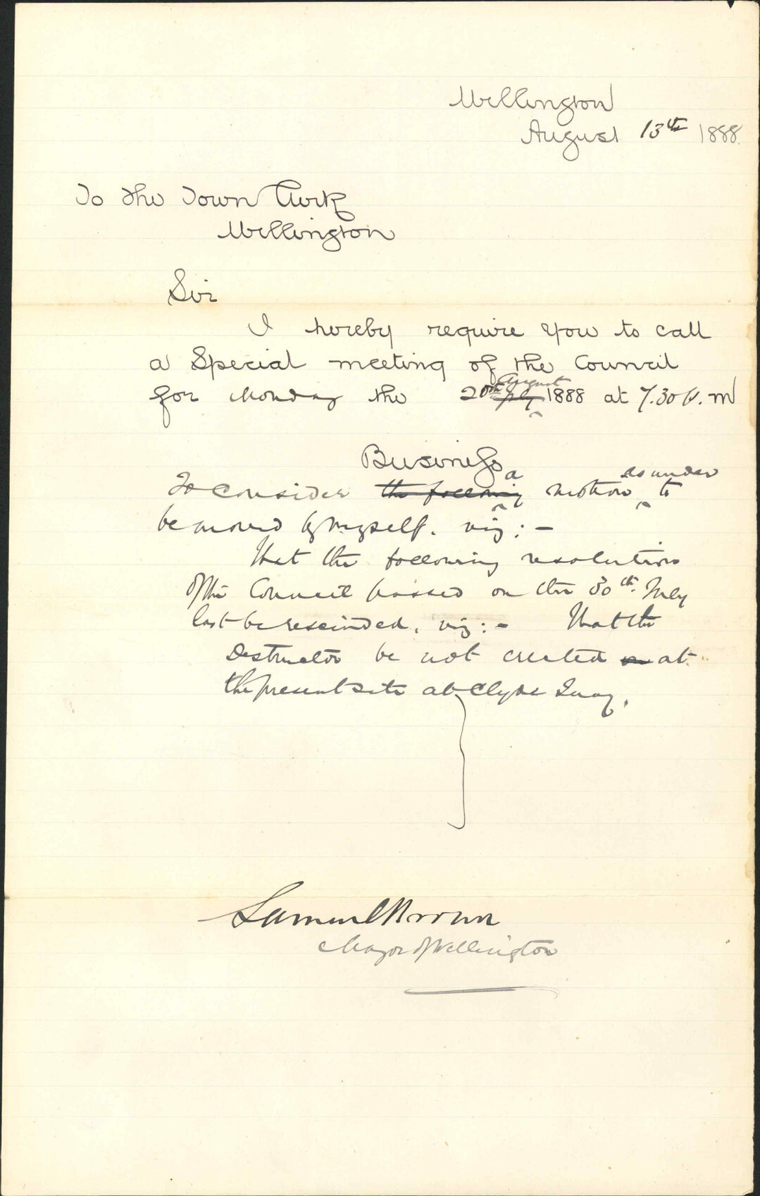 Requisition for special meeting - The Mayor of Wellington