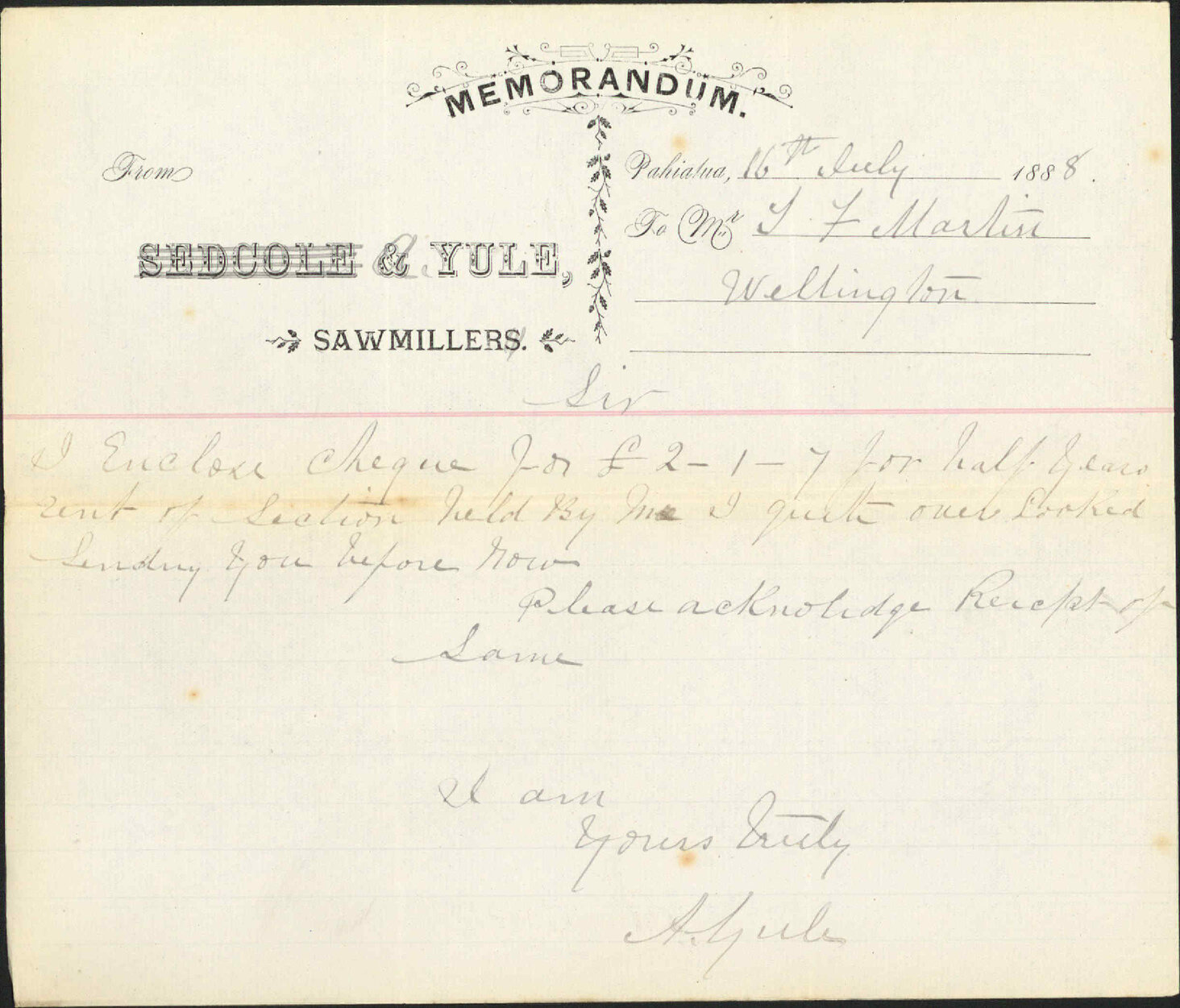 Enclosing cheque for rent - A Yule