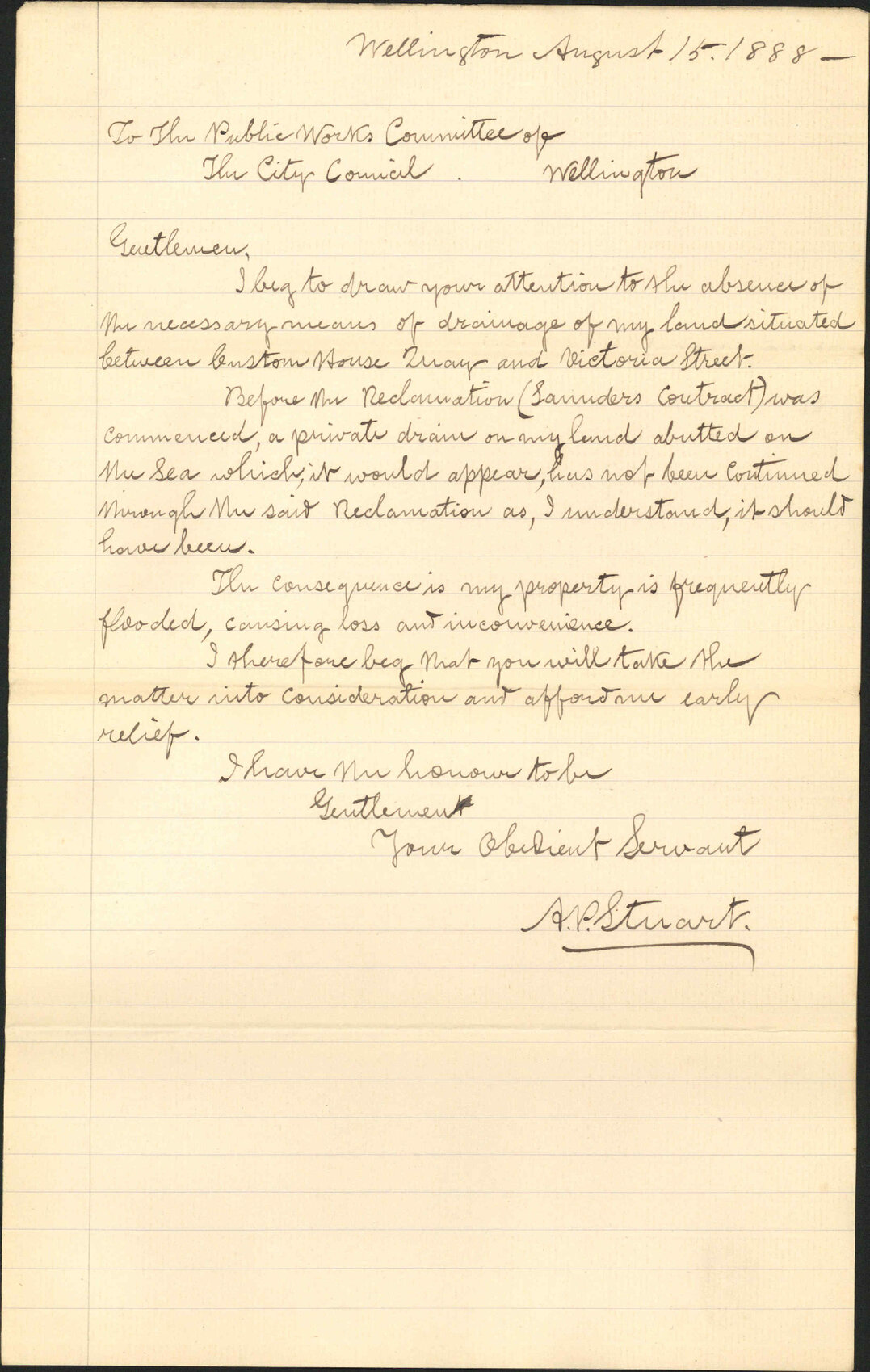 Asking for drainage at his property, Customhouse Street - A P Stuart