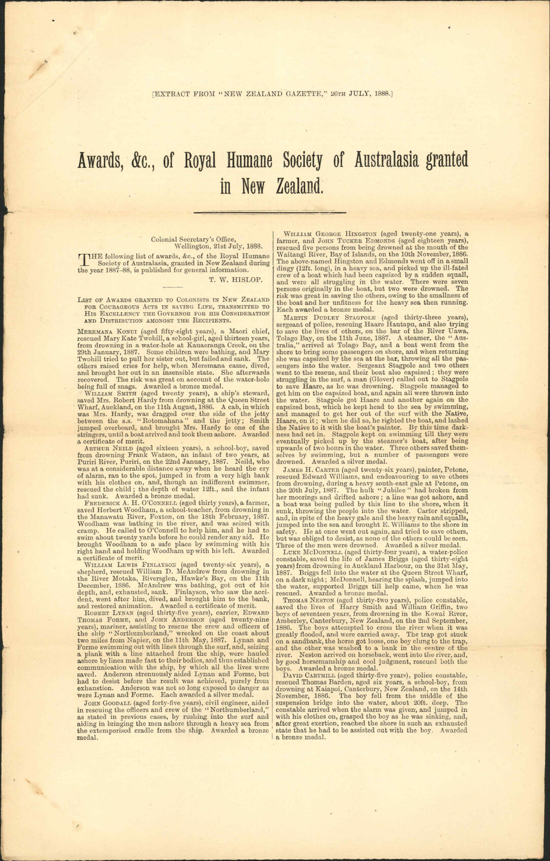 Asking Mayor to present medal to Charles Grey - Colonial Secretary