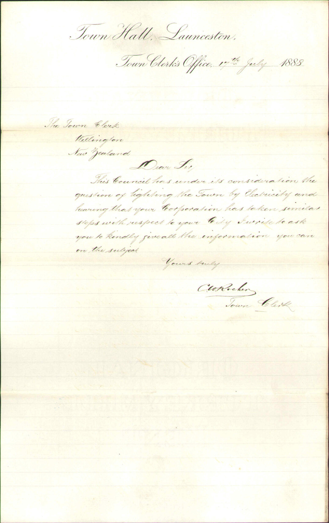 Asking for particulars regarding electric lighting - Town Clerk, Launceston