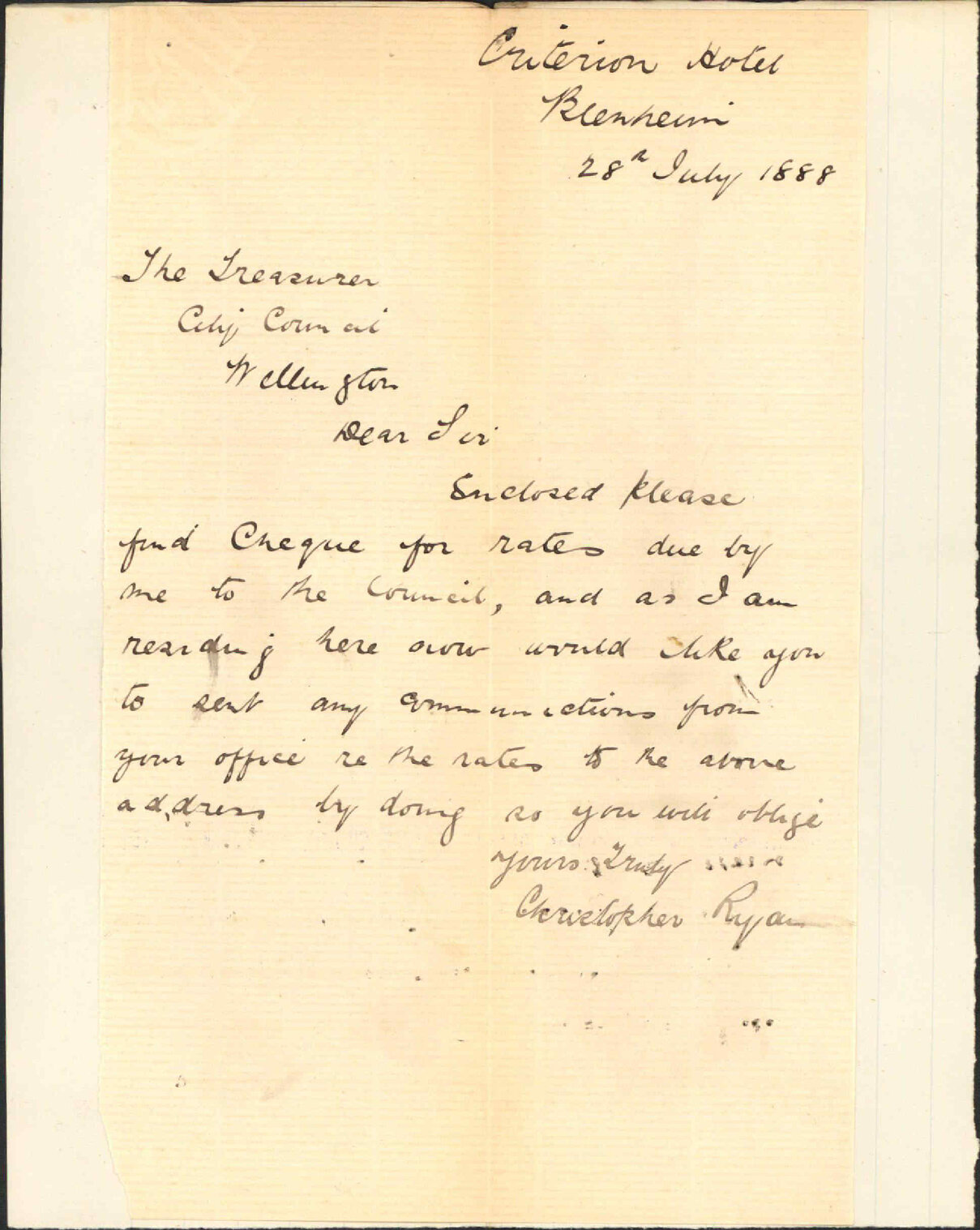 With cheque for rates - C Ryan, Blenheim
