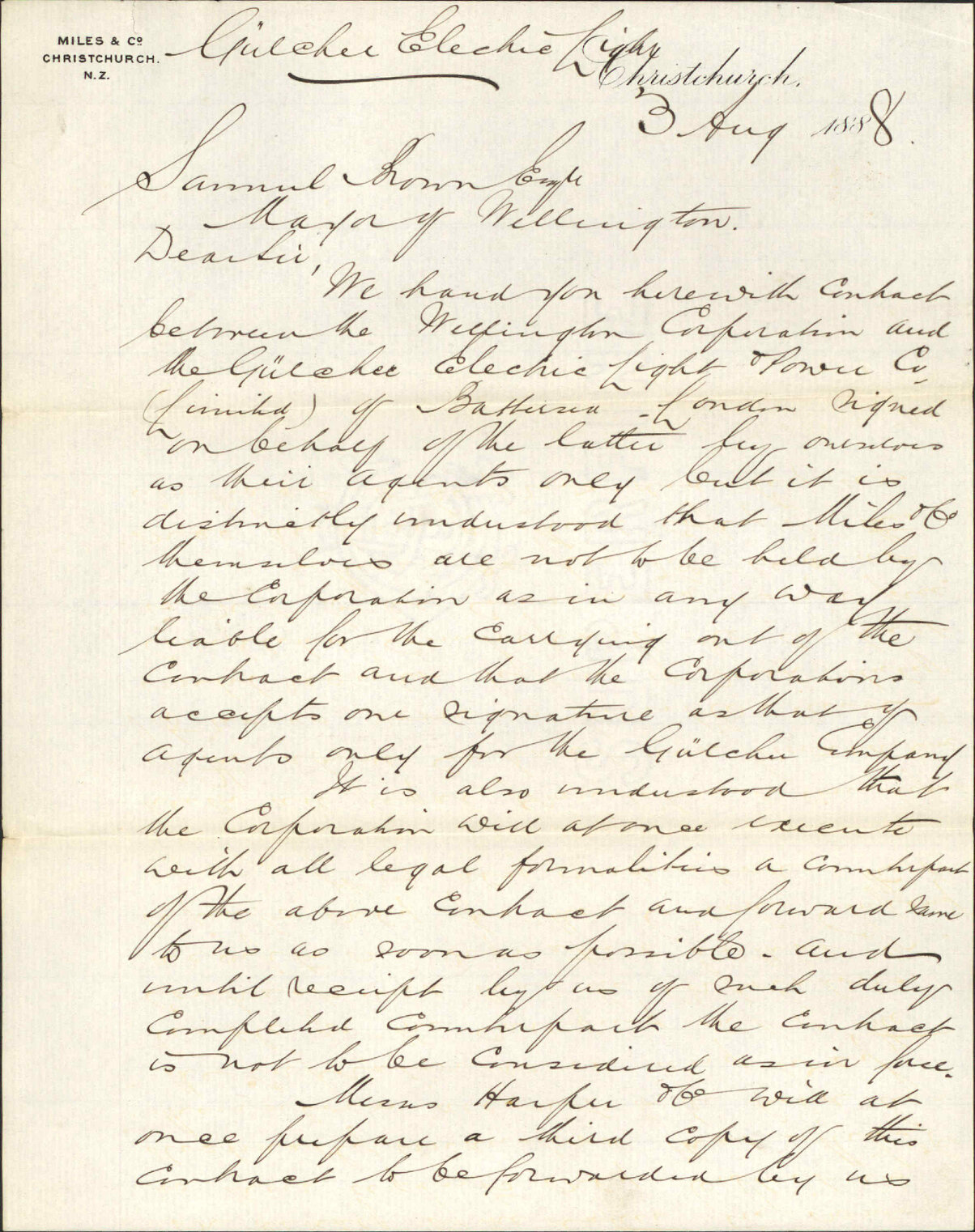 Contract for electric lighting - Miles and Co, Christchurch